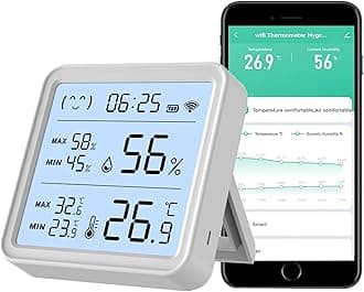 Smart WiFi Temperature Humidity Sensor, Wireless Thermometer Hygrometer, Built-in Clock and Time Display,Smart Temperature Humidity Monitor withTuya App,Compatible with Alexa,Google Home,Siri