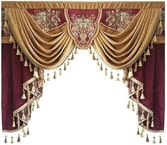 Luxury Brown Burgundy Floral Waterfall Swag Valance with Tassels for Living Room Bedroom Windows European Design Rod Pocket Top (120 cm, 1 Panel) W47 inch