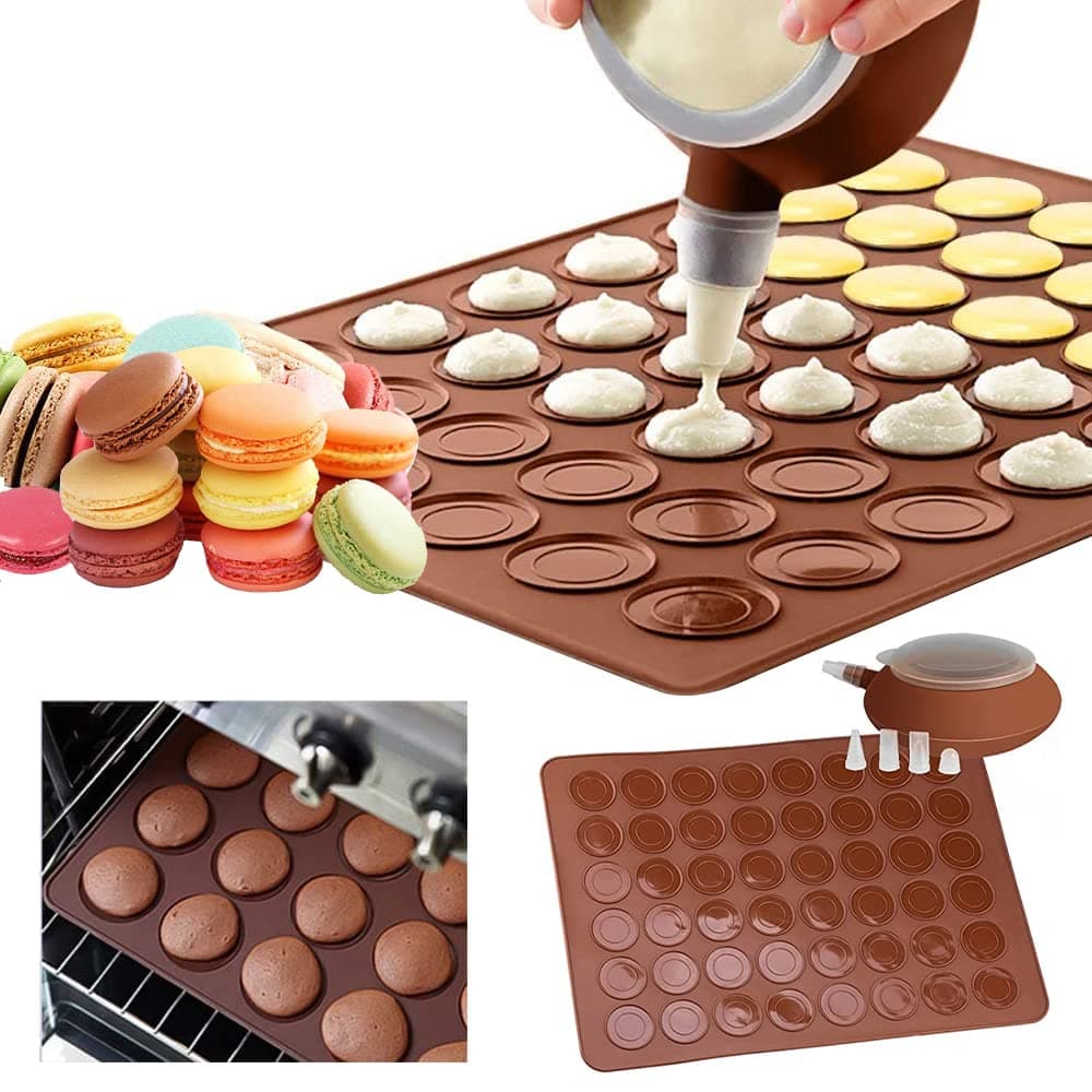 GROOFOO Macaron Silicone Baking Mat Mould Set, Non-Stick 48 Capacity Macaroons Baking Tray, French Macaroons Baking Set with Decorative Pen and 4 Nozzles for Macaroon, Cupcake, Dessert