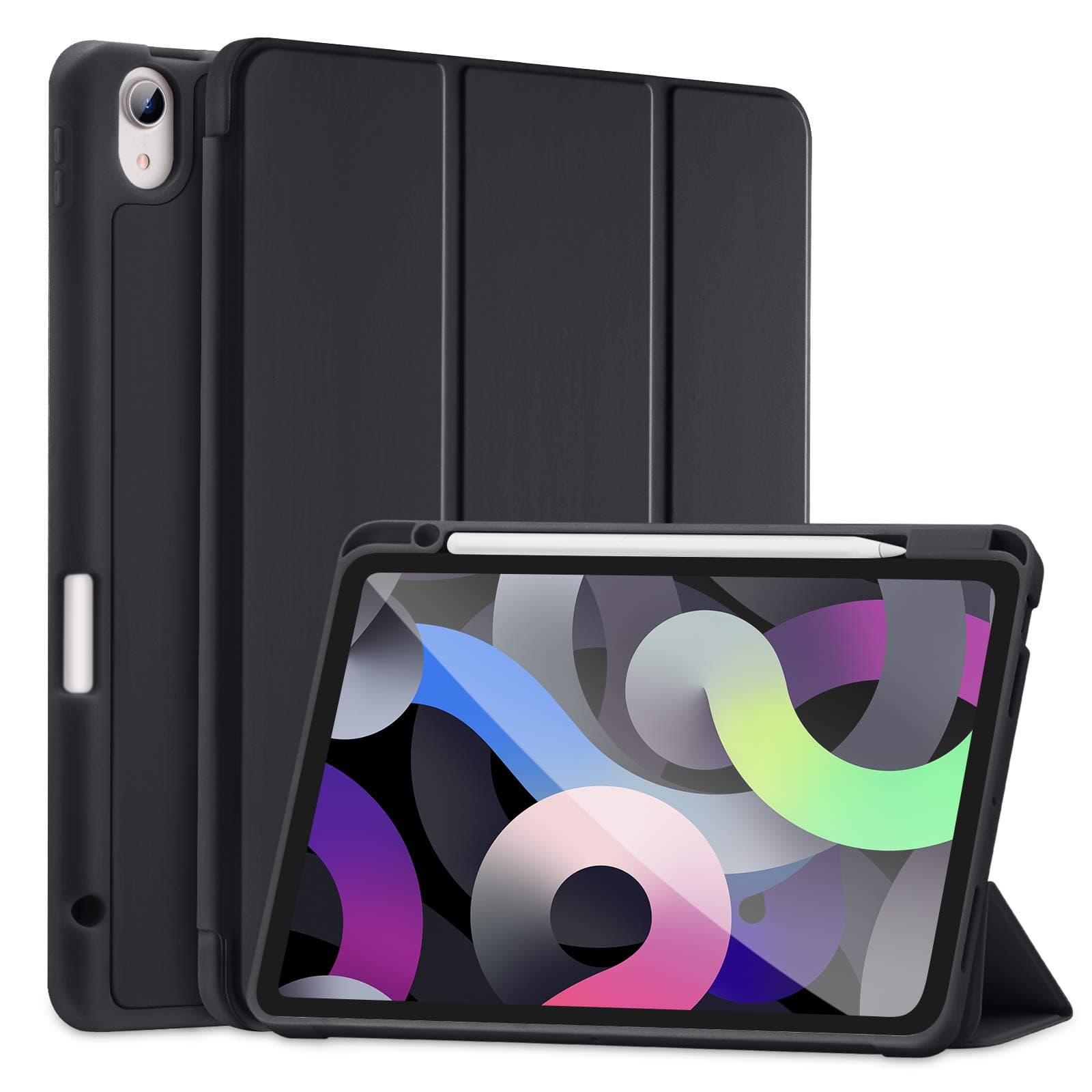 SIWENGDE for iPad Air 5th/4th Generation 2022/2020 10.9 Inch Case with Pencil Holder [Support iPad 2nd Pencil Charging and Touch ID], Trifold Stand Smart Cover with Soft TPU Back (Noble Black)