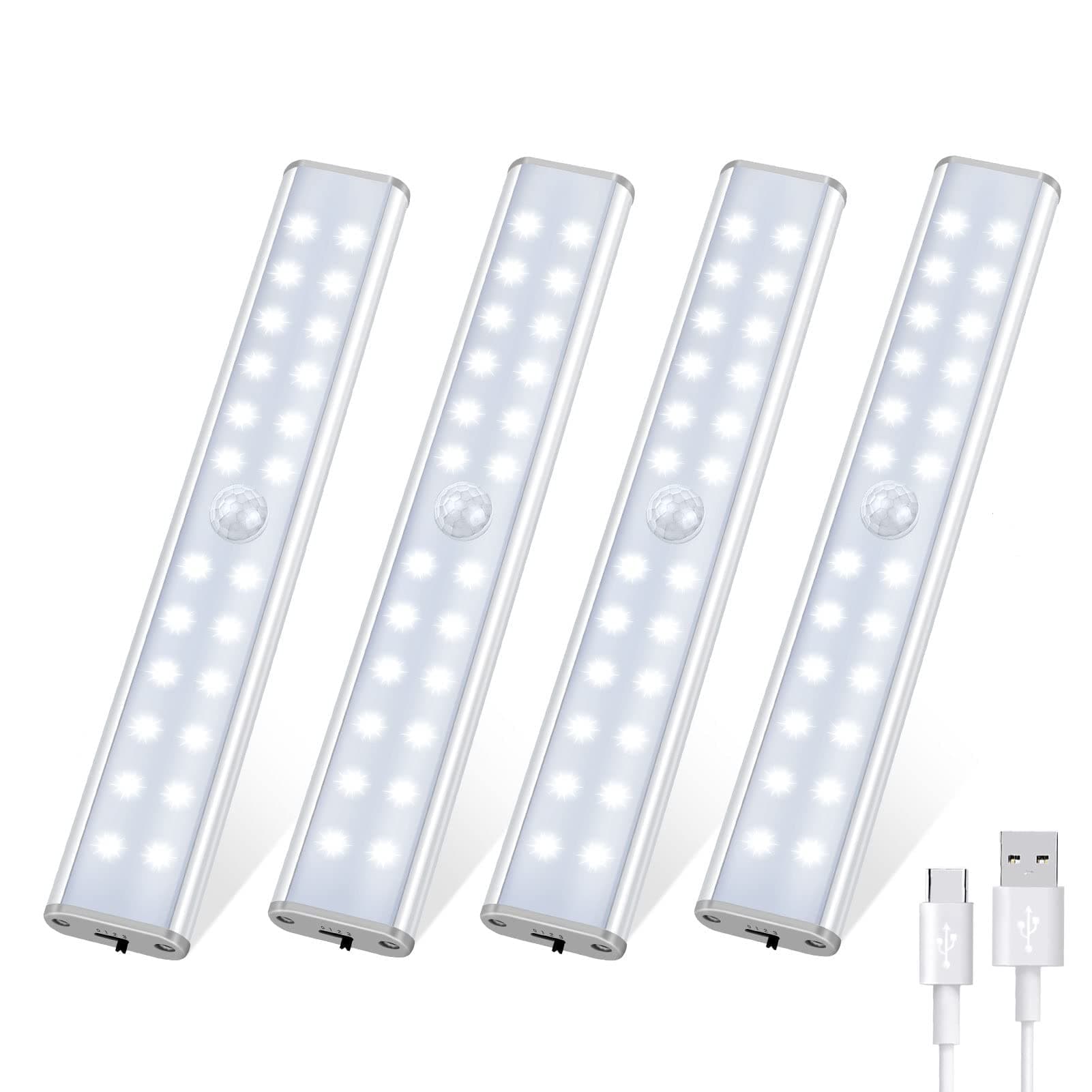 Tanbaby 4-Pack 24 LED Under Cabinet Lighting - Wireless Motion Sensor Light for Kitchen, Wardrobe, Closet, Hallway, Stairs - Magnetic Strip Stick-On Night Light