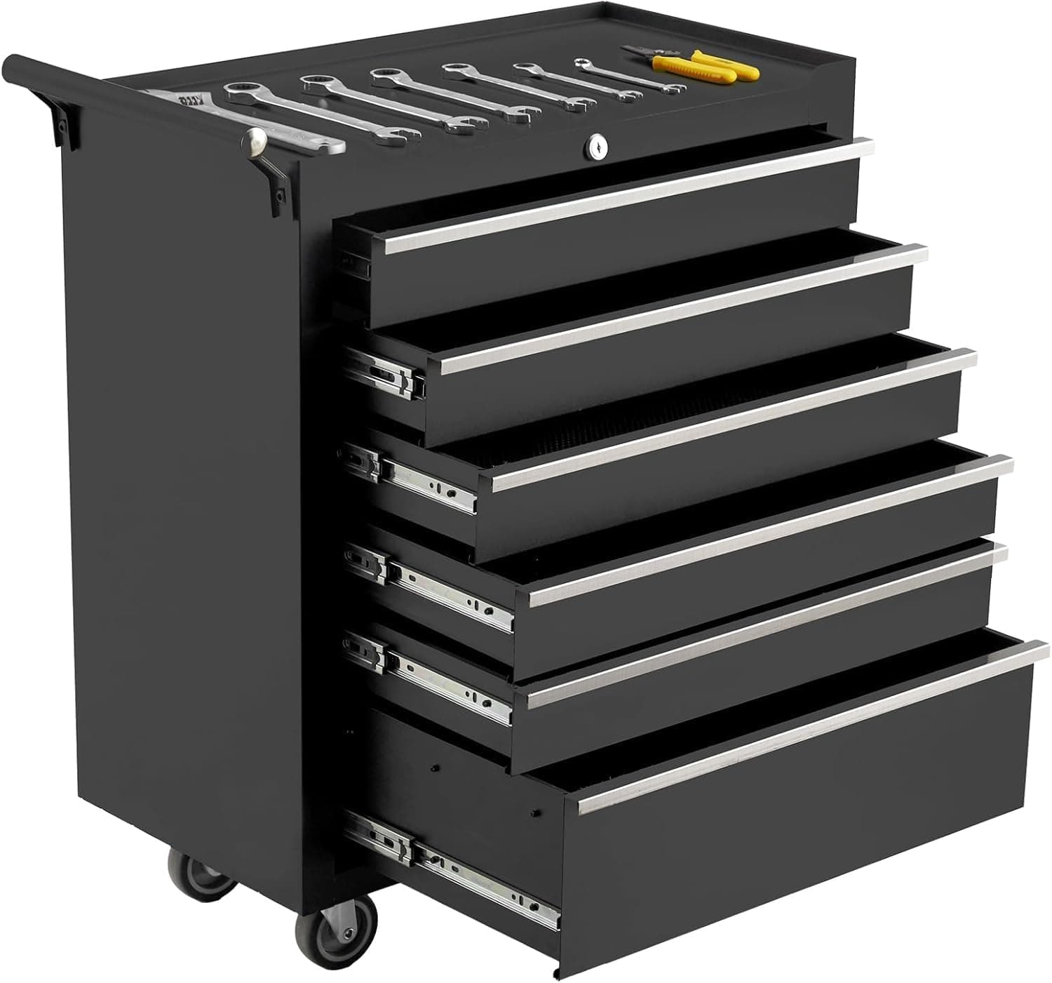 Acekool Rolling Tool Chest - 6 Drawers, 24in Metal Tool Storage Cabinet with Wheels, Locking System, Auto Lock, Detachable Top, and Drawer Liners, Portable Organizer for Garage, Workshop - Black
