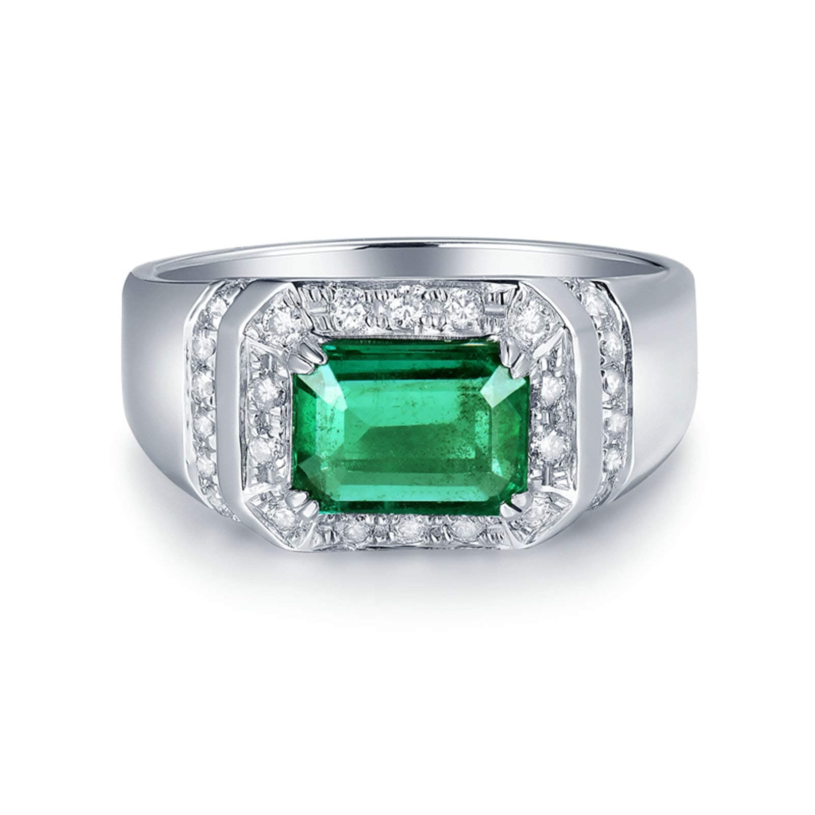 Platinum Ring for Men, Anniversary Ring for Him 1.42ct Rectangular Emerald with 0.35ct Diamond Promise Engagement Ring White Gold