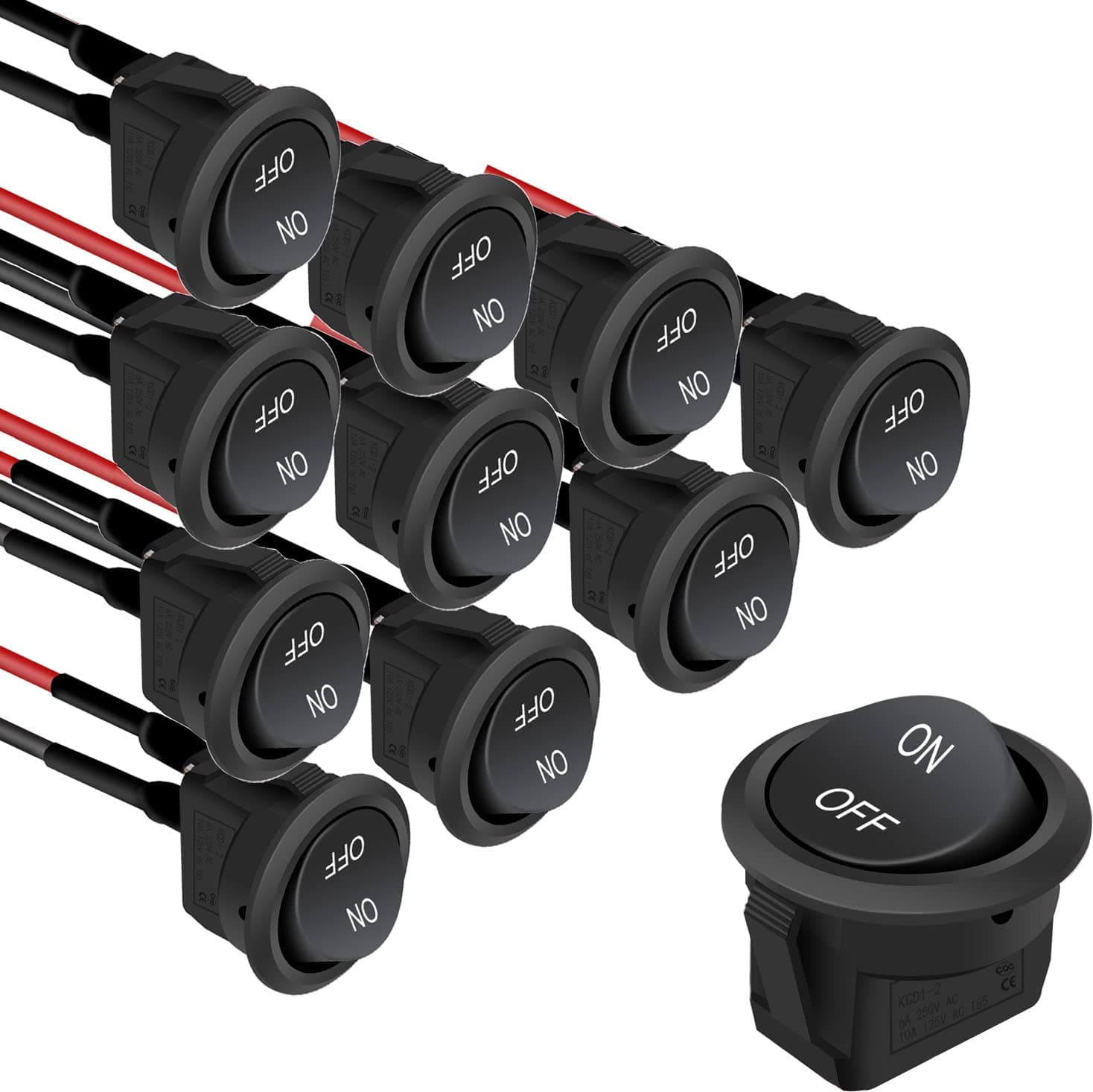 RUNCCI-YUN 10Pcs round rocker switch 12V ON Off Switch 12 Volt DC Toggle Switch 2 Pin SPST 6A/250V 10A/125V Mini Rocker Switch with Wires for Car Boat Truck Motorcycle
