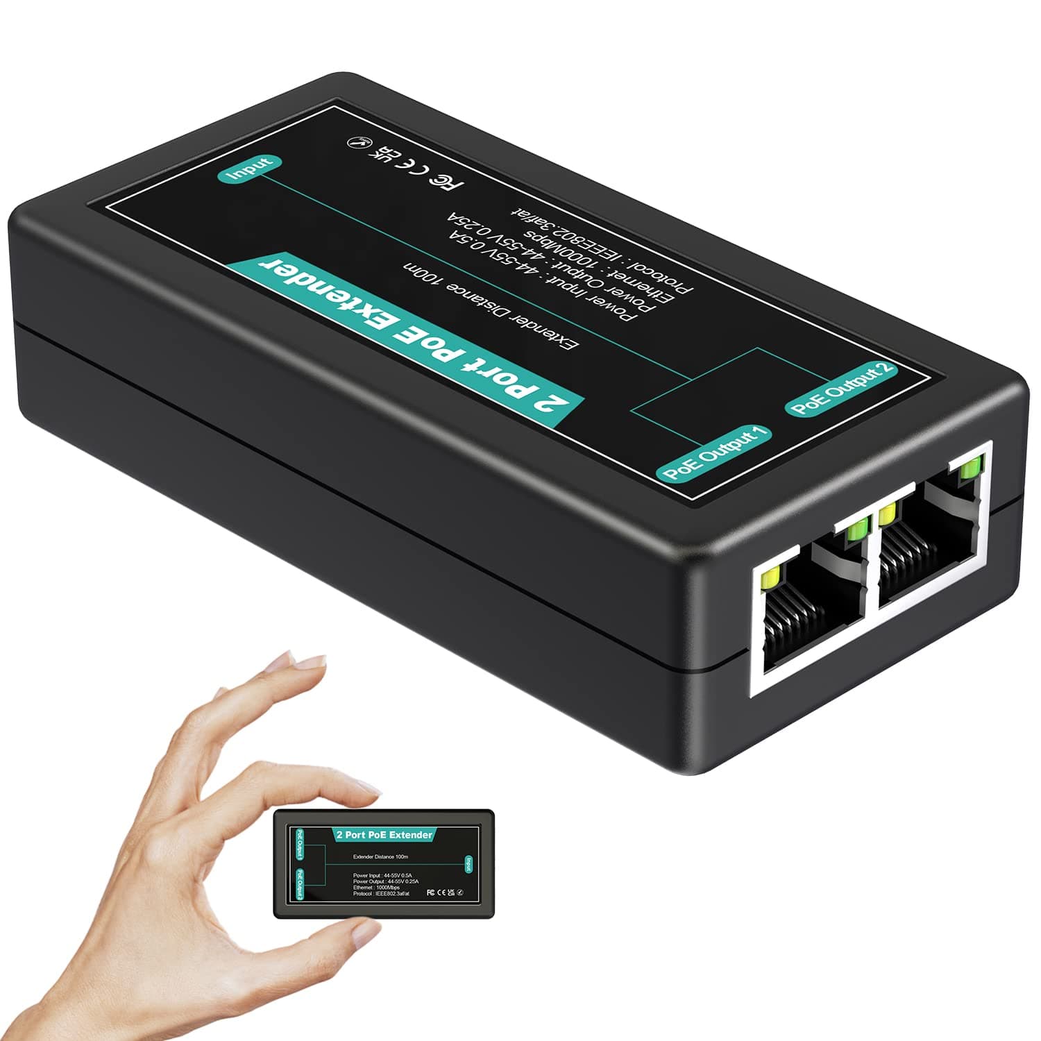 VIMIN 2-Port Gigabit PoE Extender, 1-in-2 Internal PoE Repeater, Supports IEEE802.3af/at with 1000 Mbps, Additional Extension 100 m Power and Data Transmission