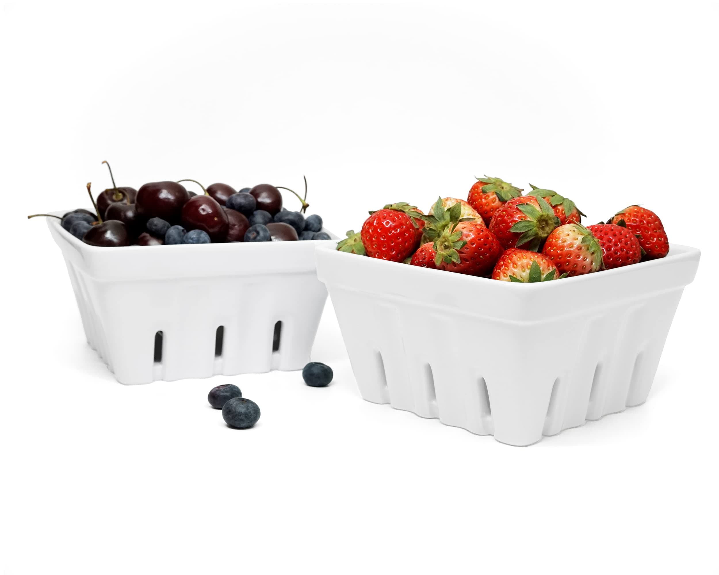 Ceramic Berry Basket, Square Fruit Bowl With Holes, 5.7" Colander For Kitchen, Cute Small Container For Berries, Strawberry, Grape, Cherry, Rustic Stoneware Décor (White)