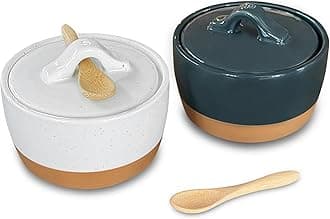 Mora Ceramic Salt and Pepper Cellar Set with Lid - 10 oz Modern Canister/Container/Bowl for Storage, Sea Salt, Spice, Sugar, Countertop - Small Dish/Jar with Wood Spoon, Black & White Crock