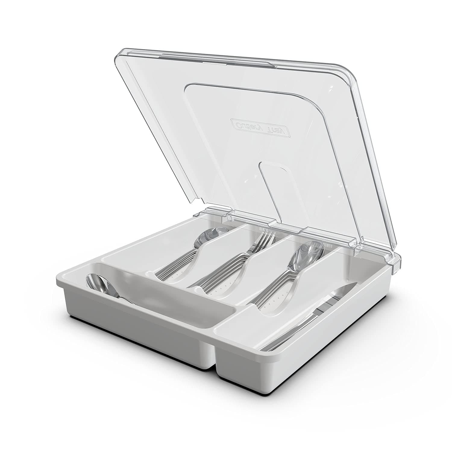 Silverware Organizer with Cover, Portable Cutlery Holder Flatware Tray with Lid Plastic Silverware Storage Box Airtight Black Cutlery Tray with Lid (White)