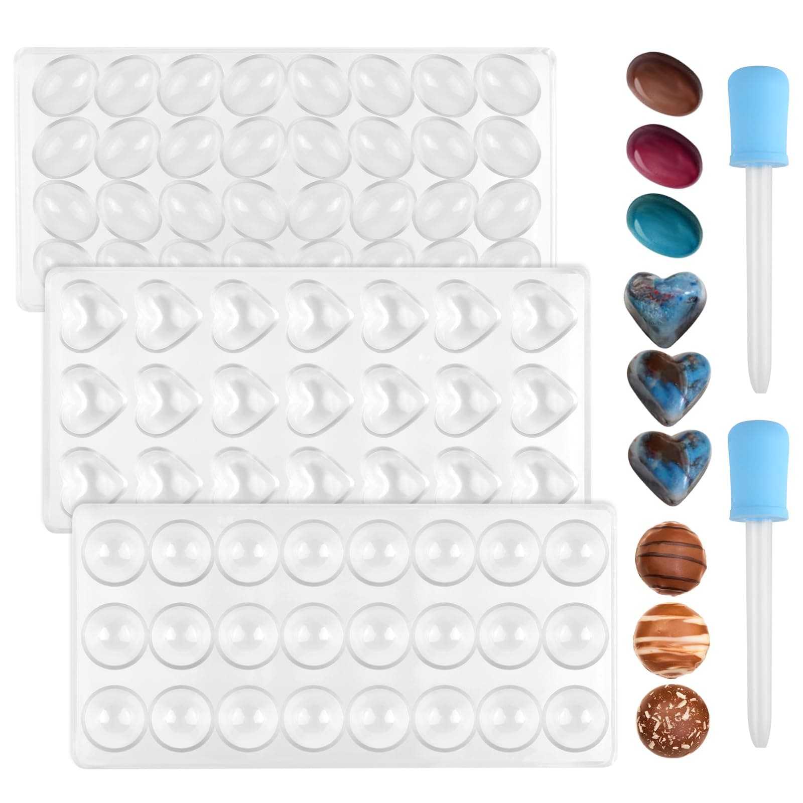 3 Pcs Polycarbonate Chocolate Mould, Transparent Candy Mould with 2 Droppers, 3D Moulds for Jelly, Sweets, Ice Cubes