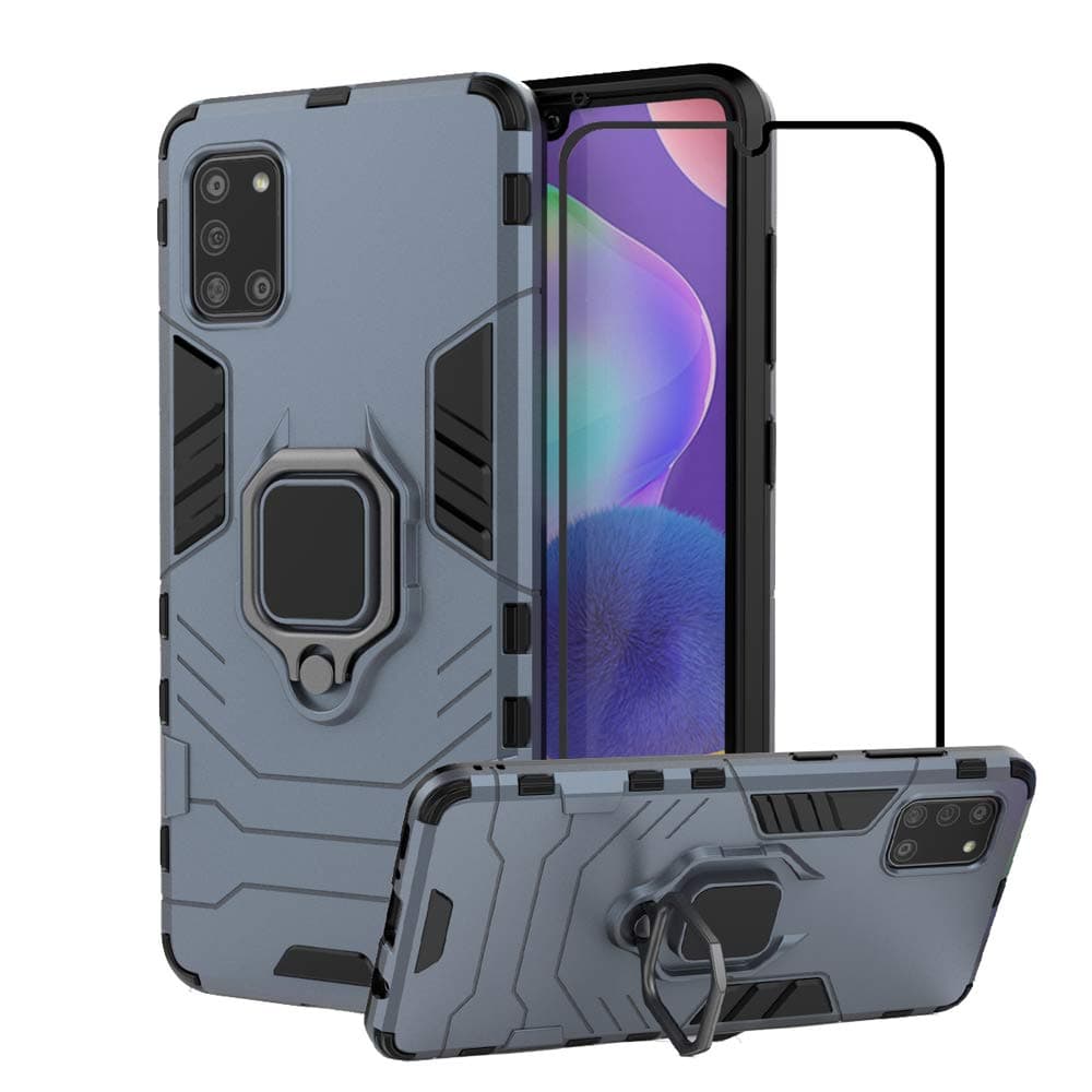 Case for Samsung Galaxy A31 with Tempered Glass Screen Protector,Hybrid Heavy Duty Protection Shockproof Defender Kickstand Armor Case Cover,Navy