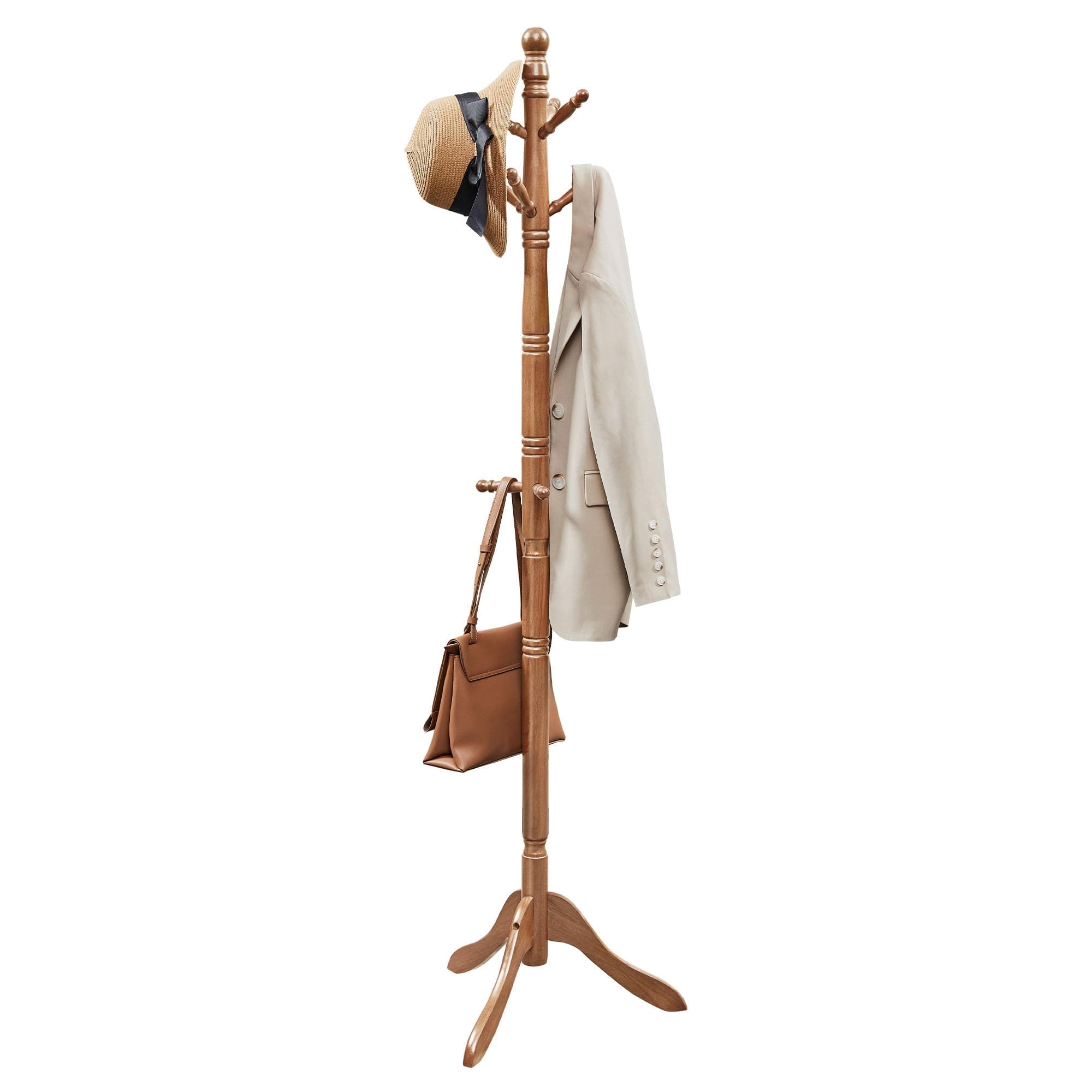 Coat Rack Free Standing, Wooden Hall Tree Coat Hat Tree Coat Hanger Holder Enterway with 10 Hooks for Coat, Hat, Clothes, Scarves, Handbags, Umbrella, Dark Walnut URCR03WN