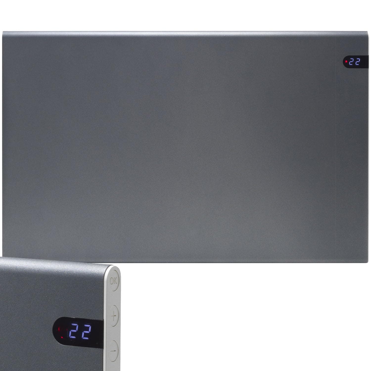 Neo Electric Panel Heater/Convector Radiator With Timer, Thermostat, Modern, Slimline, Wall Mounted, Lava Grey, 600W