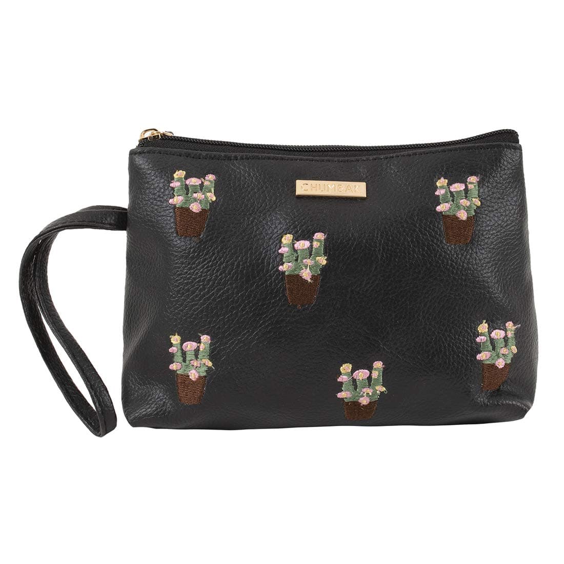 Chumbak Embroidered Pouch Bag | Makeup Kit, Perfume, Notebook - Black