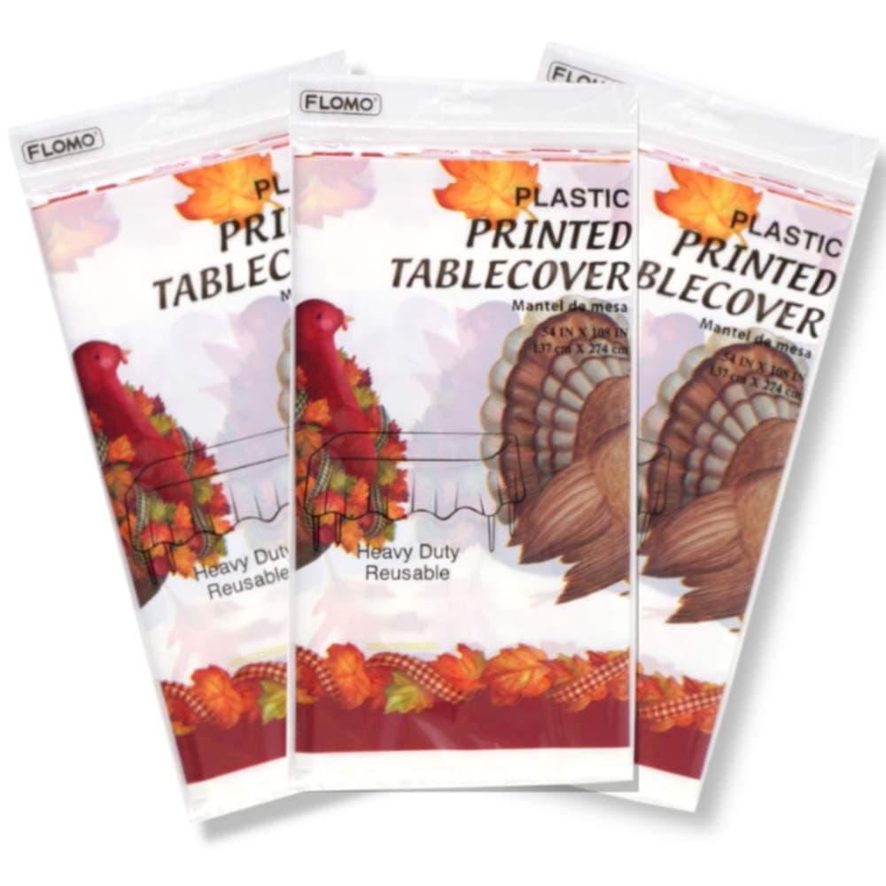 J2 Home 3 Pack Thanksgiving Table Cloth Disposable Plastic Cover 54" x 108" Perfect for Fall (Fall Turkey)
