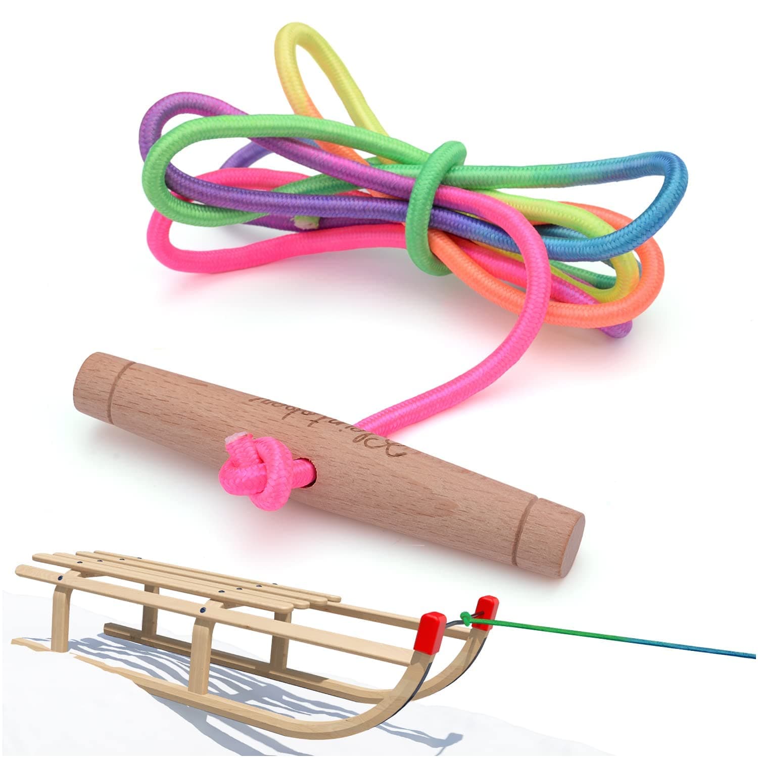 KLEINTOBER Premium Sledge Lead I Sledge Rope with Handle I Extra Long 180 cm I Rainbow Colour I for Sledge, Bob, Porutscher I Birch Handle Extra Wide I Pull Cord Sledge I Cord 5 mm Diameter