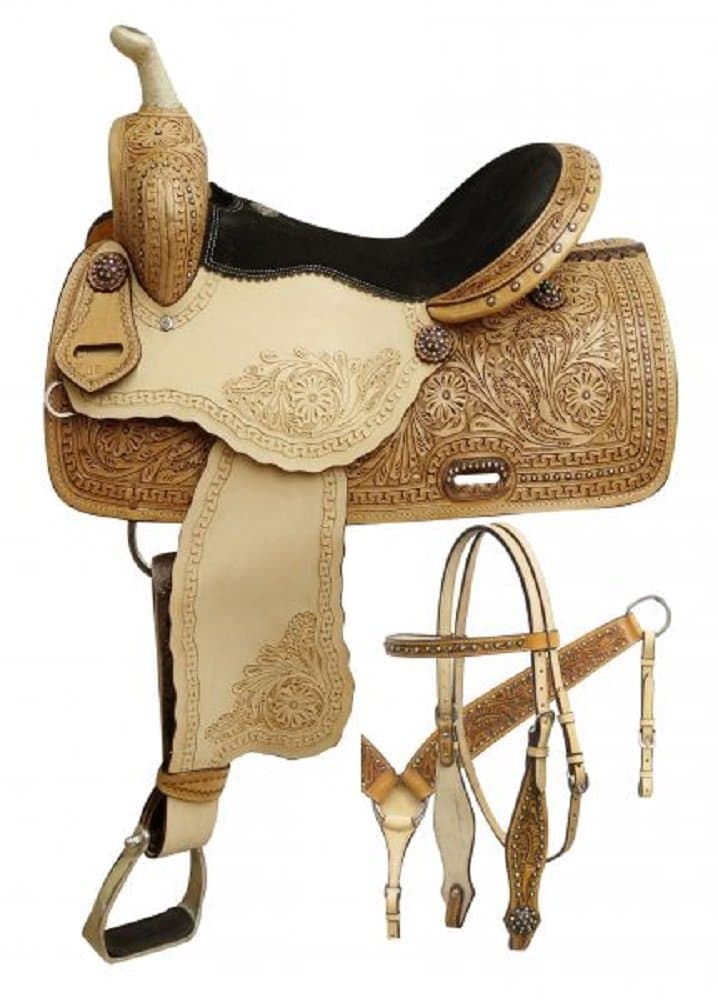 Double T 15" Tooled Leather Crystals Barrel Racing Show Saddle Bridle Breast Collar Set