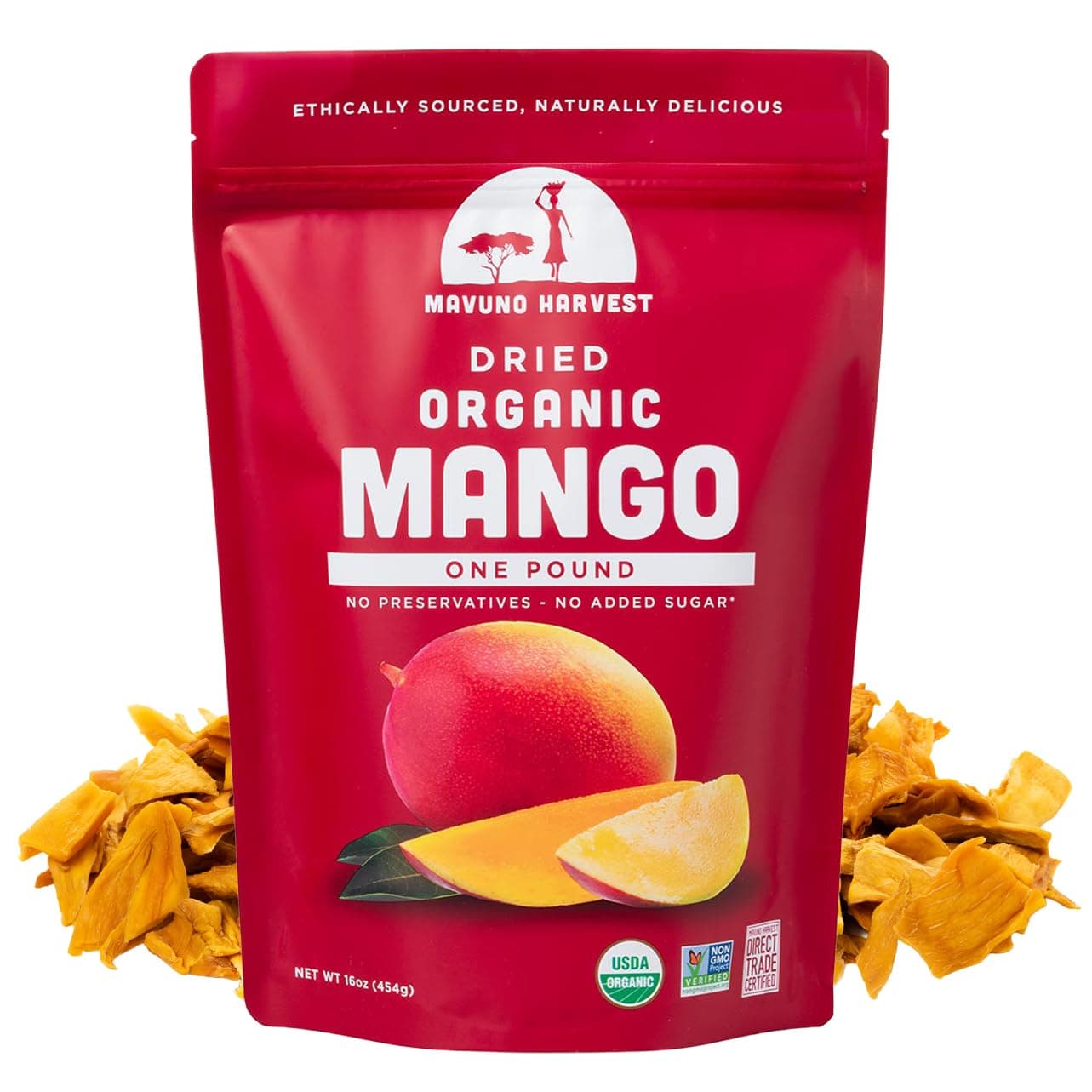 Mavuno Harvest Mango Dried Fruit Snacks,Unsweetened Organic Dried Mango Slices,Gluten Free Healthy Snacks for Kids and Adults,Vegan, Non GMO, Direct Trade,1 Pound Resealable Bag