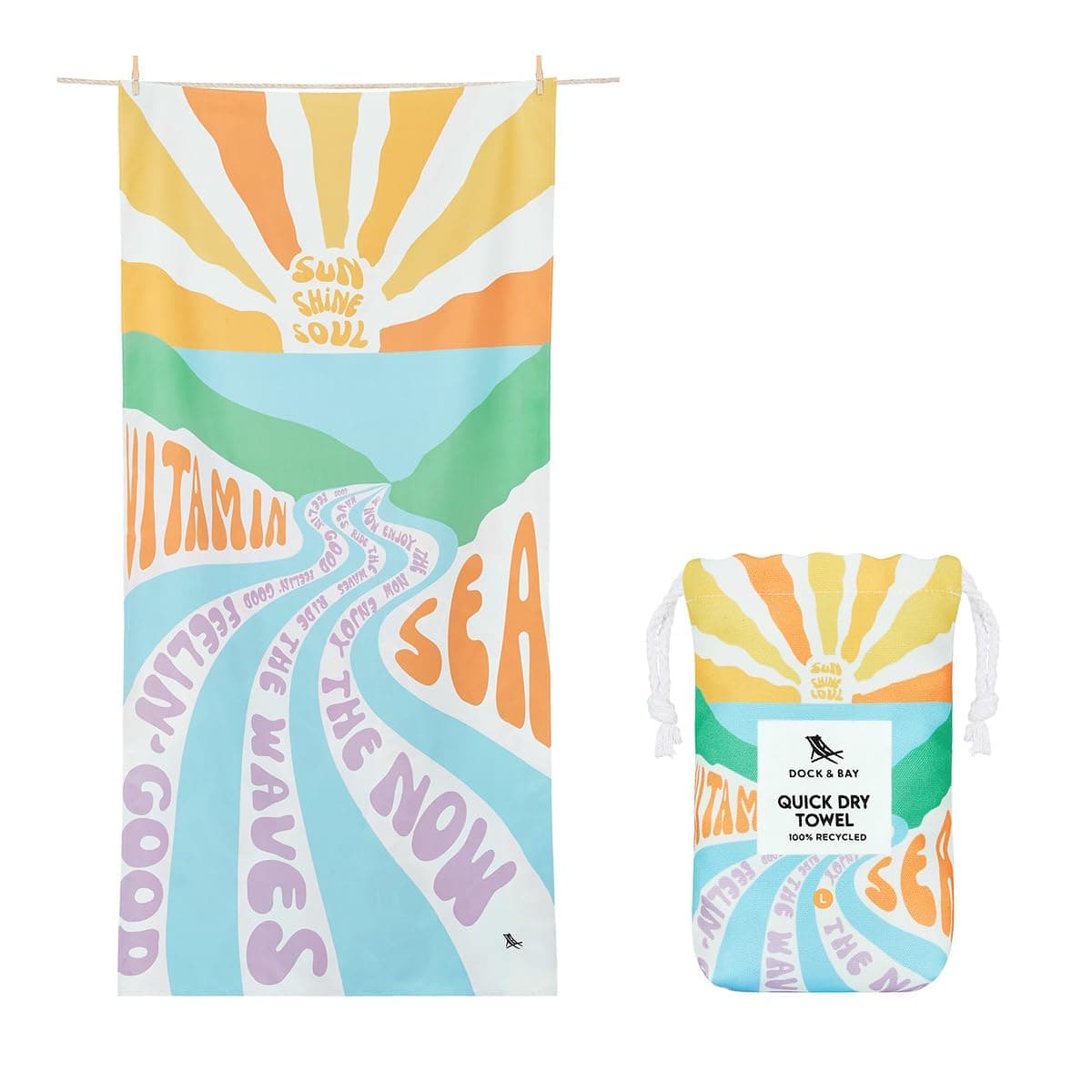 Dock & Bay Beach Towel - Quick Dry, Sand Free - Compact, Lightweight - 100% Recycled - Includes Bag - Vitamin Sea, Extra Large (200x90cm, 78x35)