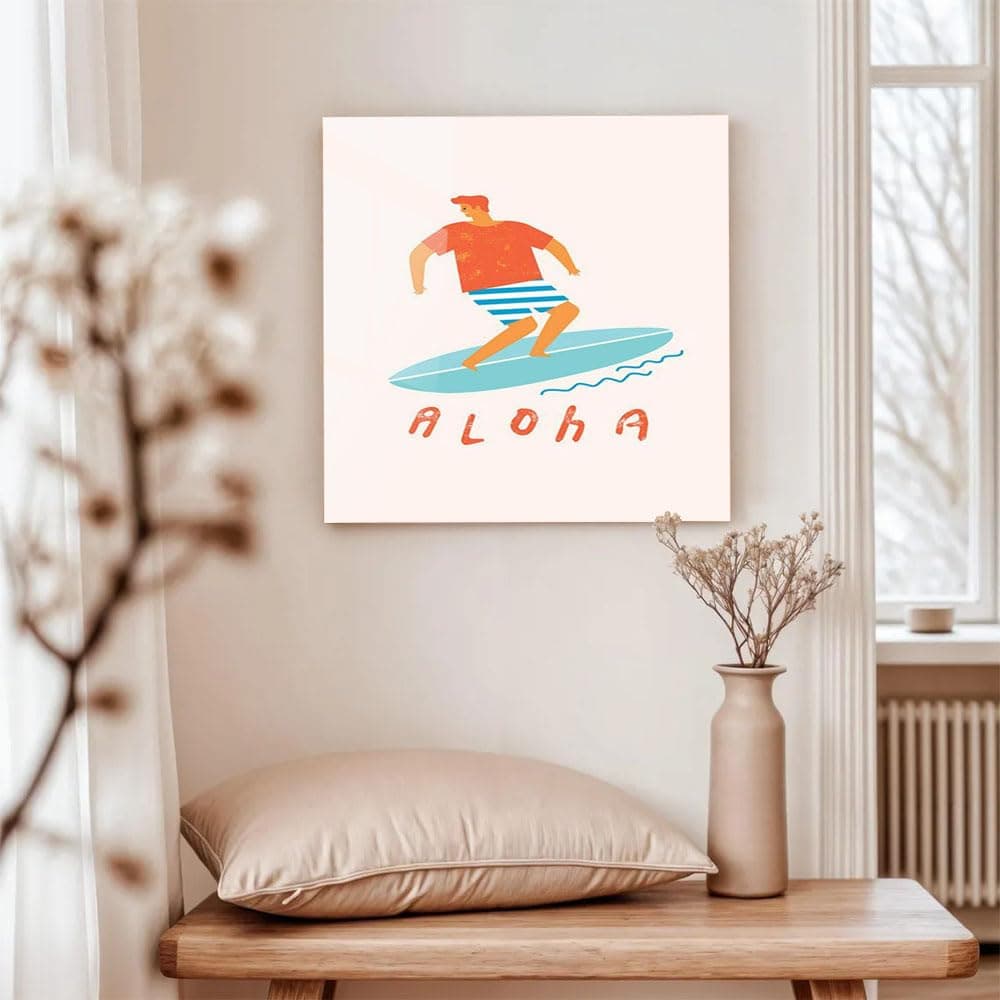 Wall Art | Acrylic Glossy Printed Frame|Home Decor for Living Room, Bedroom, Office, Study, Shelf (17x17inch) - Aloha Surfer Dude