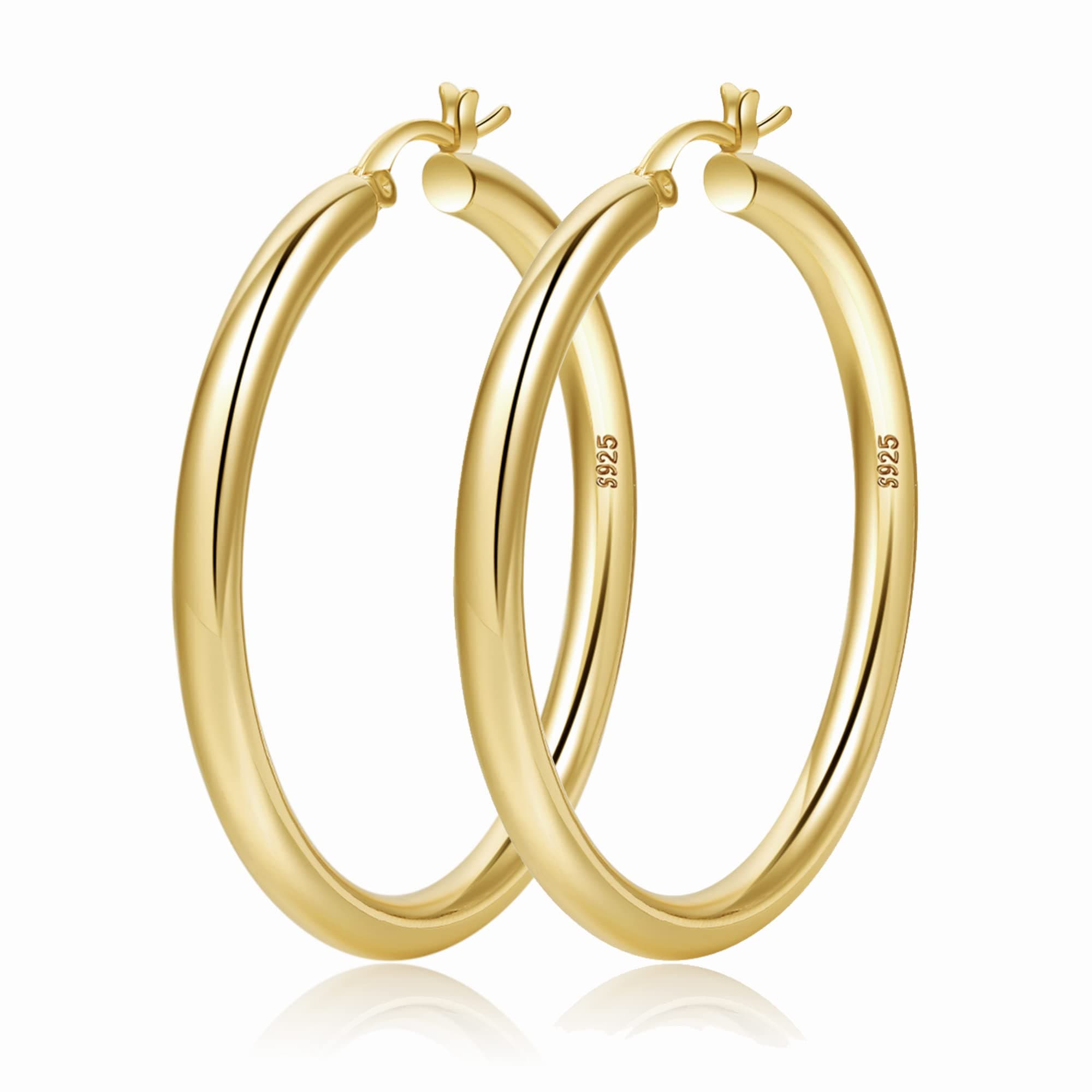 4mm Thick Gold Chunky Earrings Steling Silver Post Hoops Earrings For Women Hollow Tube Hoops Earrings Thick Gold Hoop Earrings Hypoallergenic Lightweight Gold Hoop Large Earrings 20/30/40/50/60MM