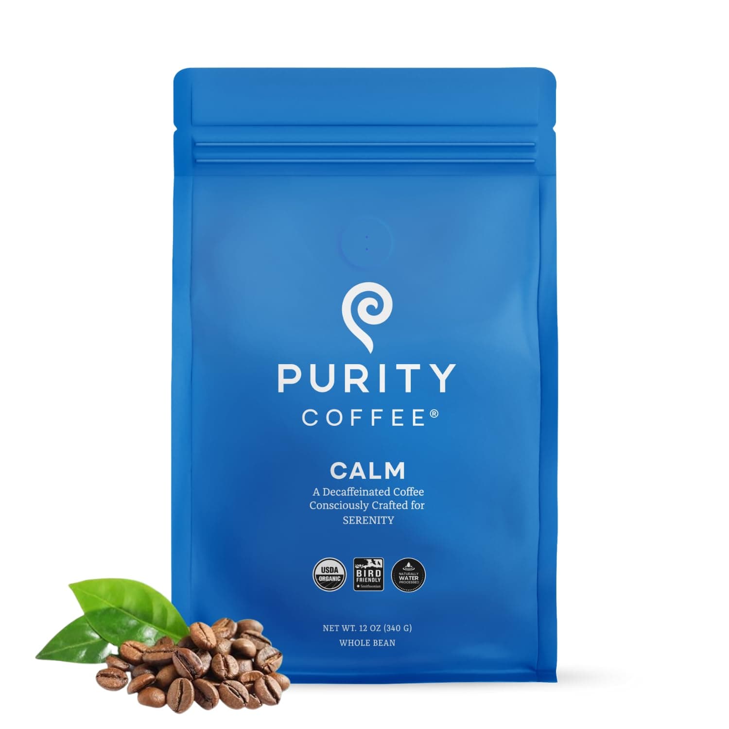 Purity Coffee CALM Decaf Medium Roast Whole Bean (12oz Bag) | Specialty-Grade USDA Organic Mountain Water Process Decaffeinated Blend | Third Party Tested for Mold, Mycotoxins & Pesticides