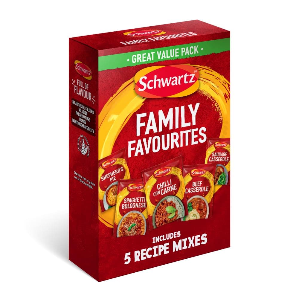 Schwartz Family Favourites Bundle One Pack Serves 4 Pack of 5 Recipe Mixes Shepherd's Pie Spaghetti Bolognese Chilli Con Carne Beef Casserole Sausage Casserole Suitable for Vegetarians