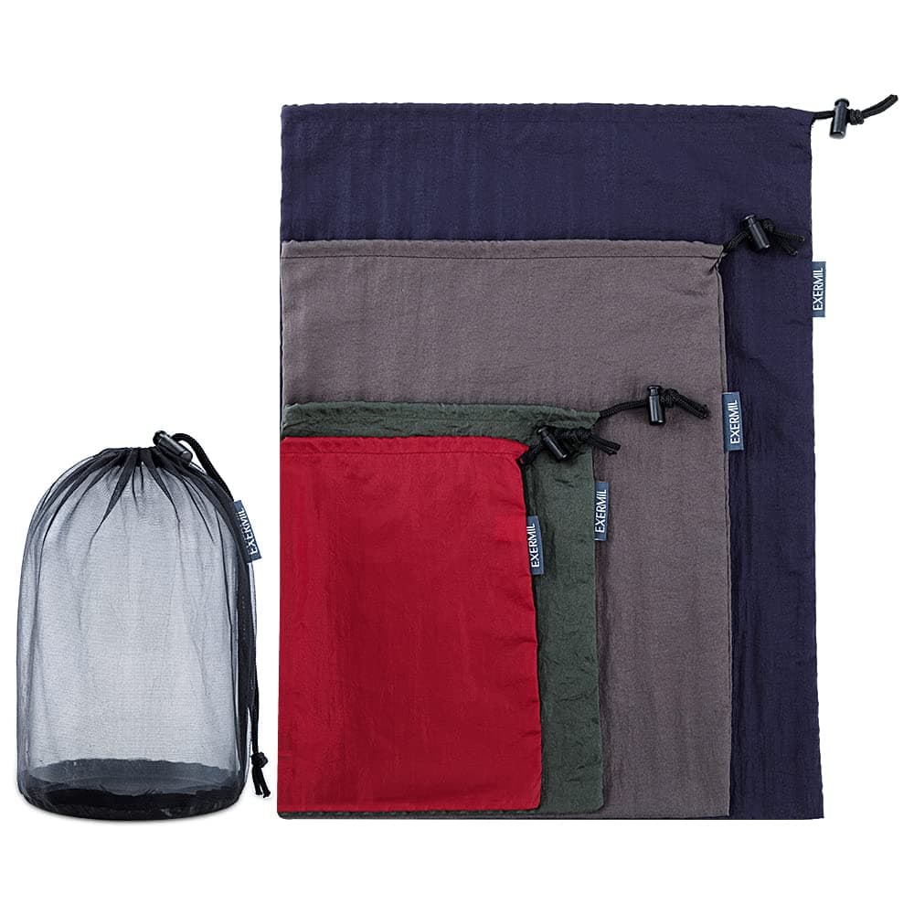 EXERMIL Nylon Stuff Sack Set 5-Piece (1.4L/2.7L/3L/7.5L/15L); Drawstring Storage Sack; Mesh Bags; Ditty Bags Small M Large XL for Organization Travel Camping Backpacking Down Jacket; Assorted Colors