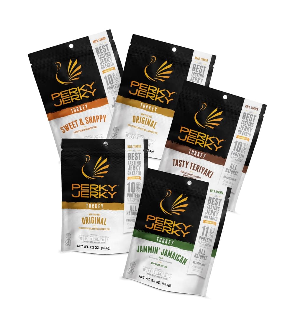 Perky Jerky Turkey Jerky Variety, 2.2 oz (Pack of 5) - Low Sodium - 7-10g Protein per Serving - Low Fat - 100% U.S. Sourced - Non-GMO