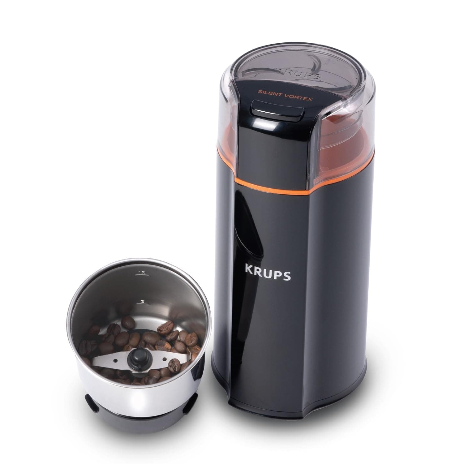 KRUPSSilent Vortex Coffee and Spice Grinder with Removable Dishwasher Safe Bowl 12 Cup Easy to Use, 5 Times Quieter 175 Watts Dry Herbs, Nuts, Black
