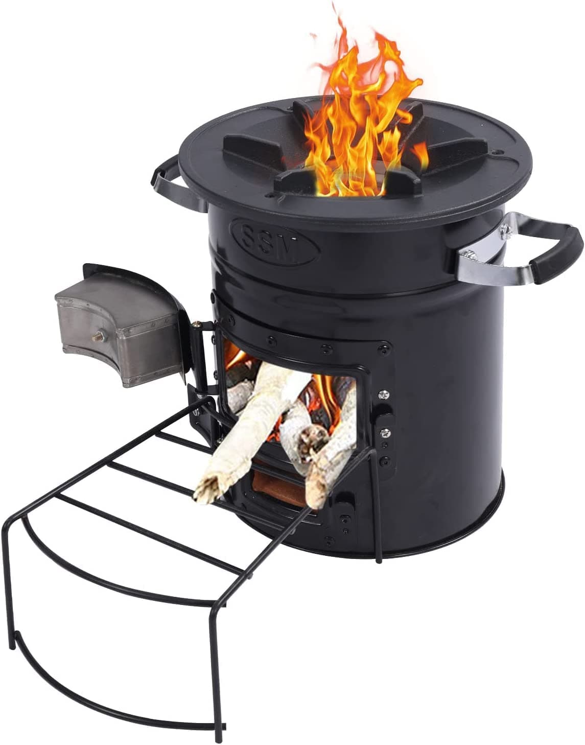 REDCAMP Rocket Stove Wood Burning with Two Doors Portable for Backpacking, Charcoal Camping Stove with Handle and Carry Bag for Ourdoor, Cooking, BBQ, RV, Survival, Black with 10.2" Stove Top