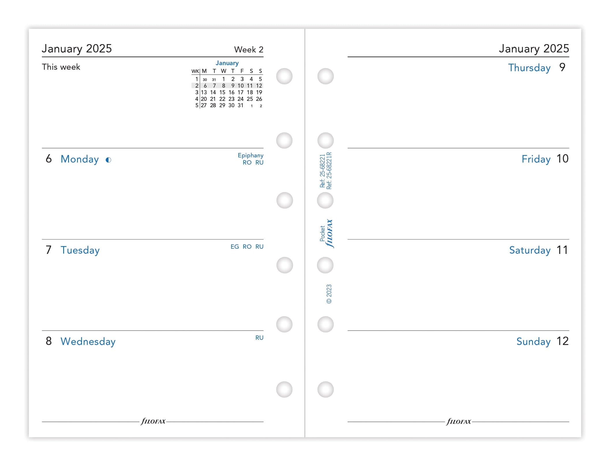 Filofax Pocket 5 Language Week on two pages 2025