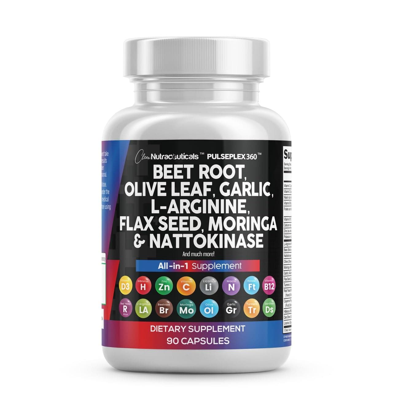 Clean Nutraceuticals Beet Root Capsules Olive Leaf Nattokinase Garlic Extract L-Arginine Omega 3 Red Yeast Rice Hibiscus Danshen - Healthy Support Supplement - 90 Ct