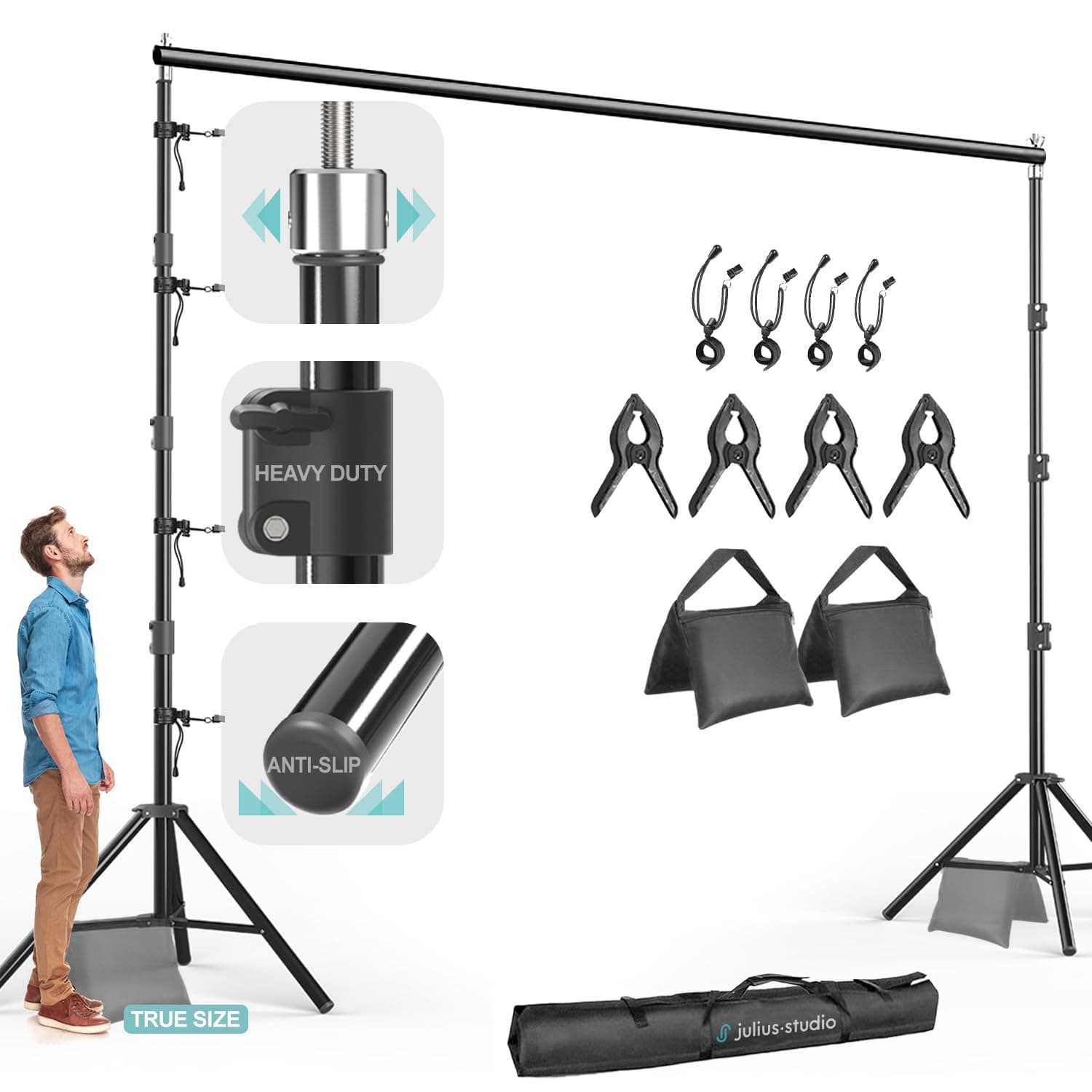 Julius Studio Heavy Duty 10 x 9.6 ft. (W x H) Backdrop Stand Background Support System Kit with Spring Clamps, Elastic String Clip, Sand Bag, Carry Bag for Photography, Events, JSAG660