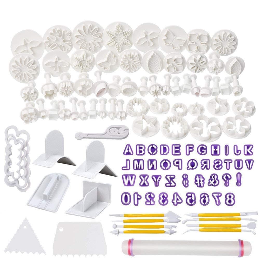 Soleebee 114 Pcs Cake Decorating Tools Fondant Cake Baking Decorating Sugar Craft Icing Tools Plunger Cutters Snowflake Rose Flower Moulds Set Letter Cookie Cutters Rolling Pin Equipment Accessories
