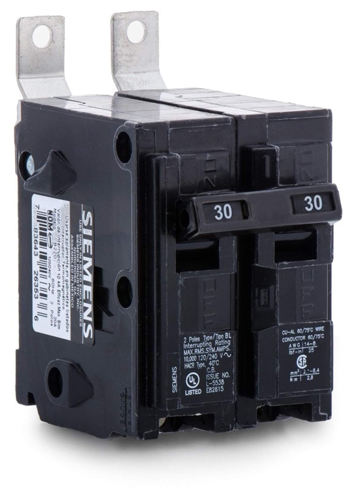 B230 Panelboard/Bolt-On Mount Type BL Low Tab Molded Case Circuit Breaker 2-Pole 30 Amp 120/240 Volt AC