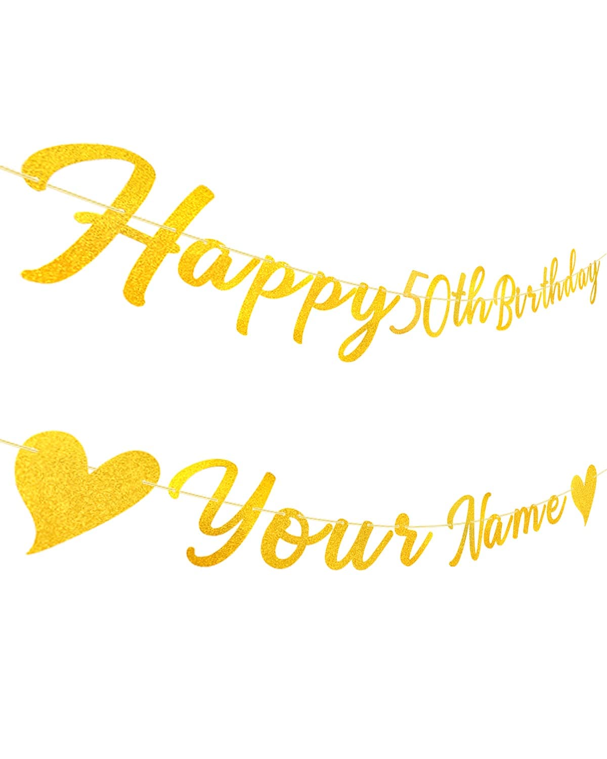 TopBashGo 102 Pcs Personalized Happy 50th Birthday Banner with Custom Name in Gold Glittery Script, Bday Party Decorations Supplies Reusable Signs for Men