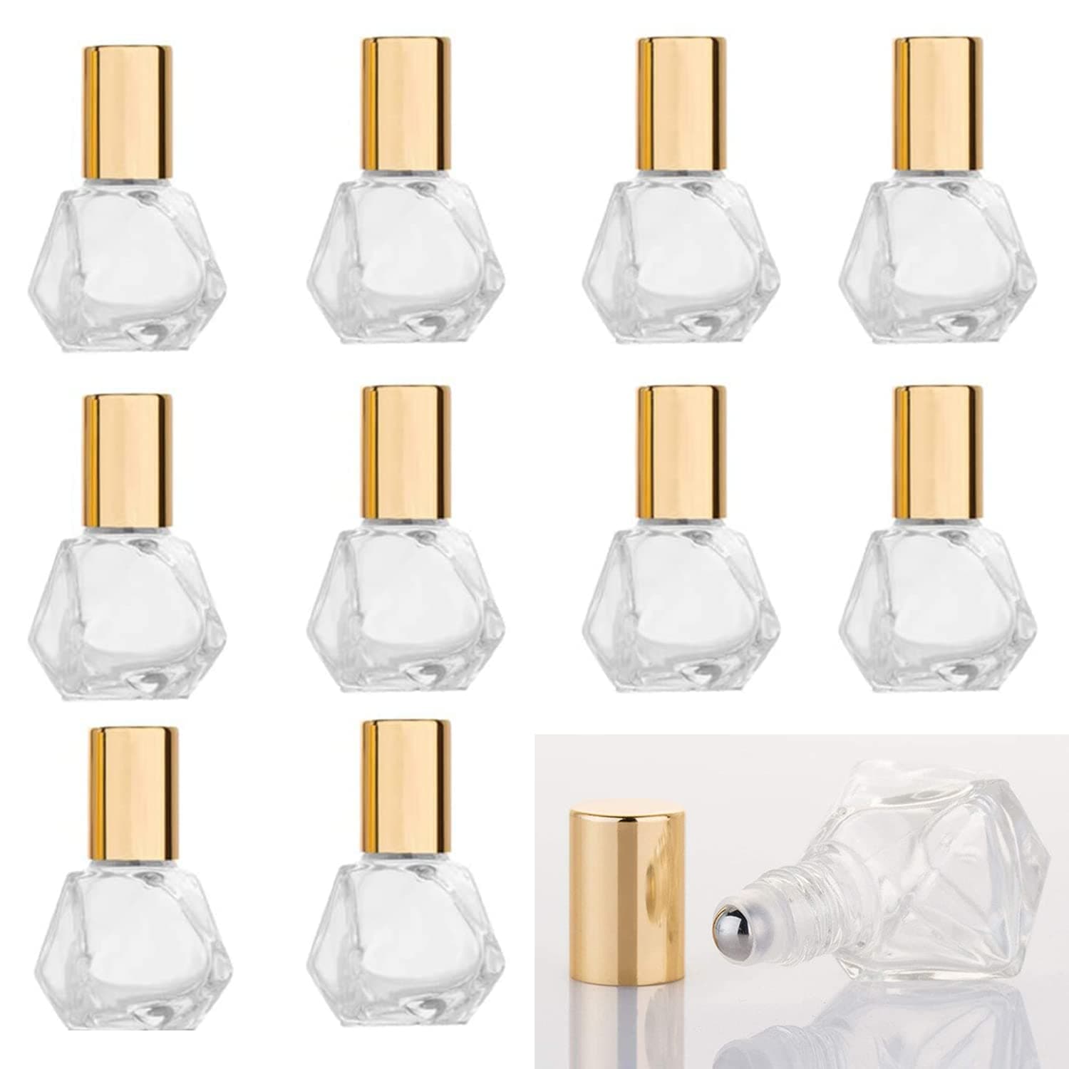 KASTWAVE 10 Pcs Mini Portable Polygonal Glass Roller Bottle, 8ml Capacity, Stainless Steel Roller Balls for Essential Oils Aromatherapy Perfume Container