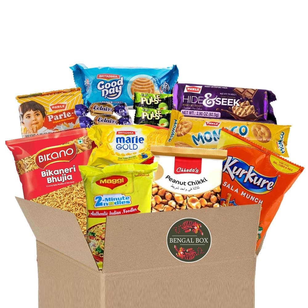 BENGAL BOX Indian Snack Box Variety Pack - 13 Count Snacks Individual Wrapped Package Bundle Sampler Assortment Mix Candy Chips Cookies