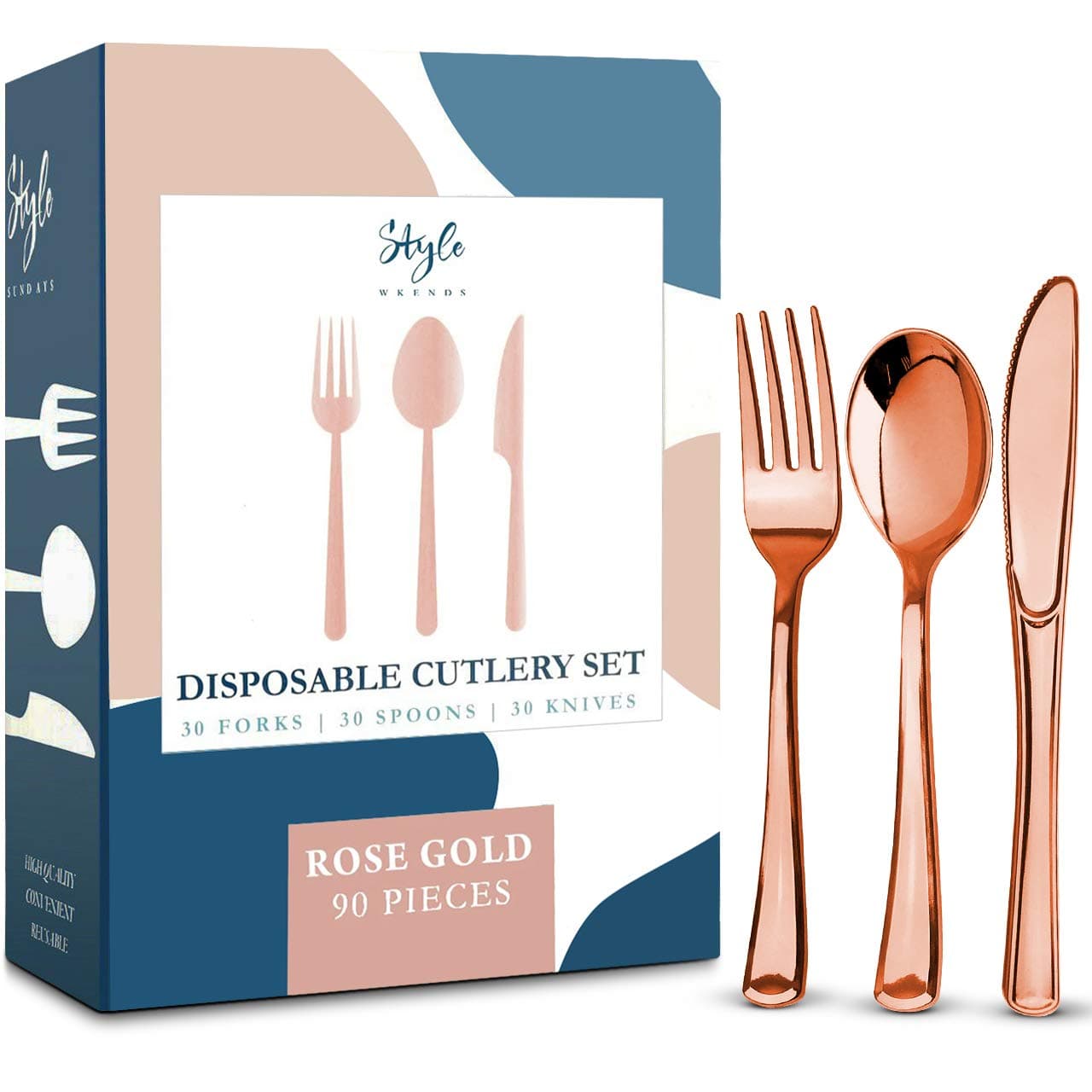 Rose Gold Plastic Silverware Party Utensils Set – Heavy Duty Plastic Disposable Cutlery (30 Spoons, 30 Forks & 30 Knives) Ideal for Rose Gold-Themed Elegant Parties, Birthdays & Luxury Weddings