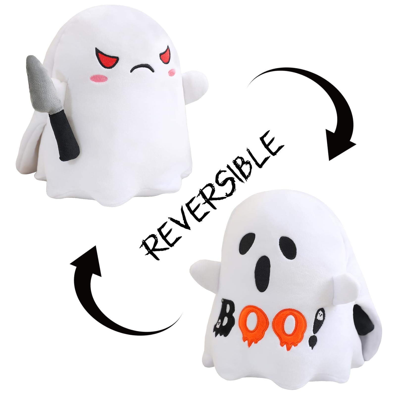 Finebee Halloween Ghost Plush Reversible Ghost Plushie - Angry + Scared - Cute Sensory Stuffed Animals Home Decor for Boys and Girls 10 Inch