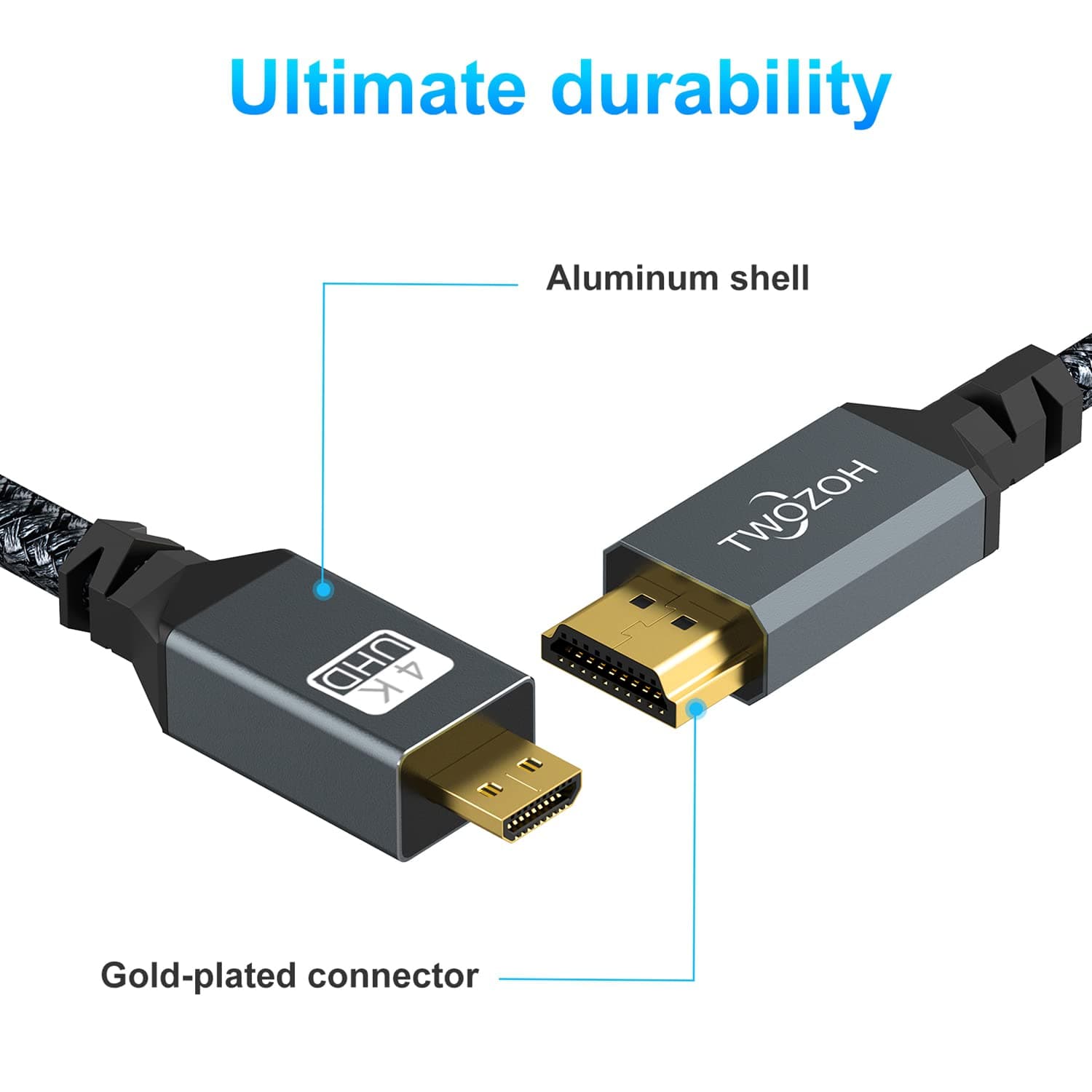 Twozoh 4K Micro HDMI to HDMI Cable 10FT, High-Speed Full HDMI to Micro HDMI Braided Cord Support 3D 4K/60Hz 1080p