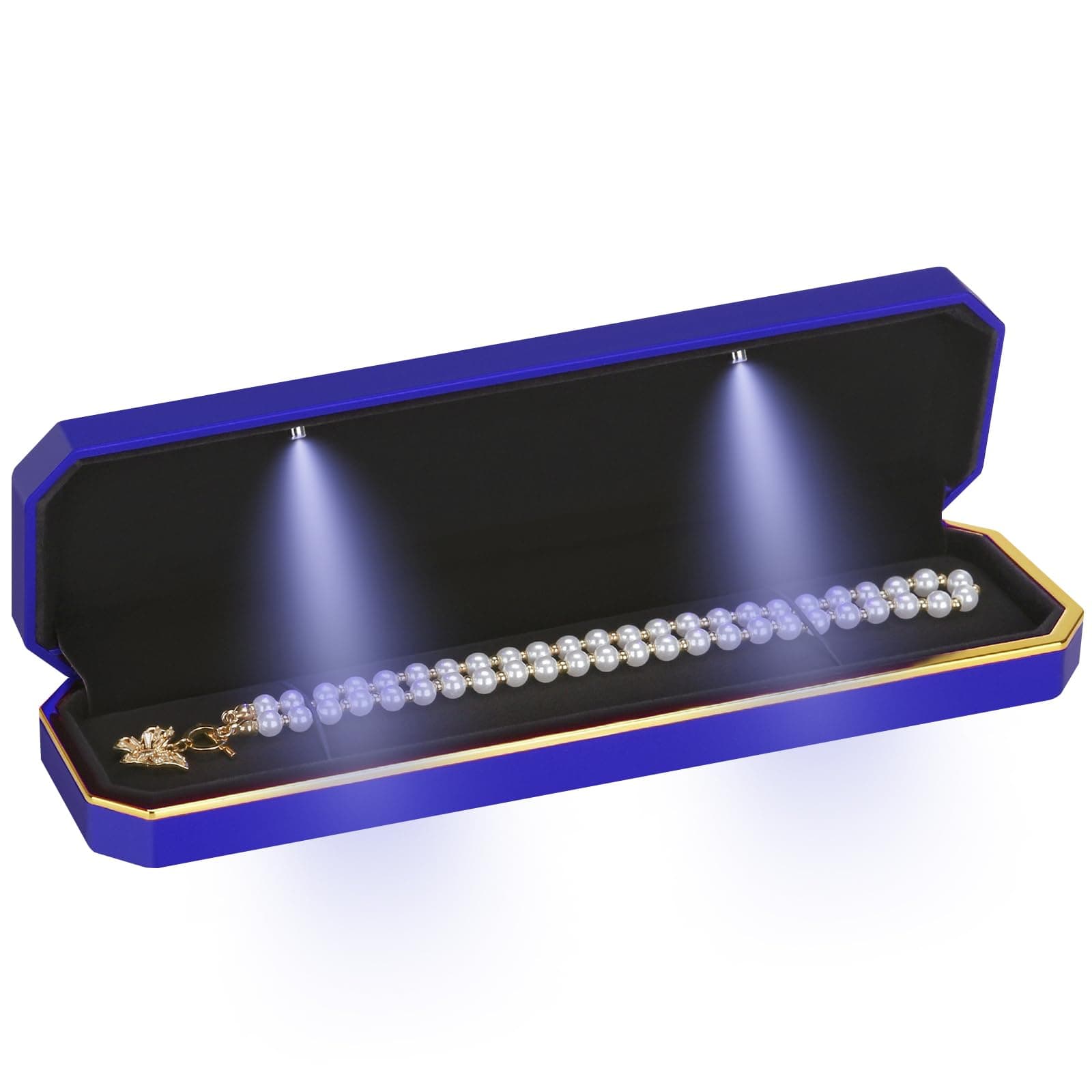 Luxury LED Necklace Long Chain Gift Box with LED Light, Velvet Jewelry Box Storage Case Organizer Holder (Blue)
