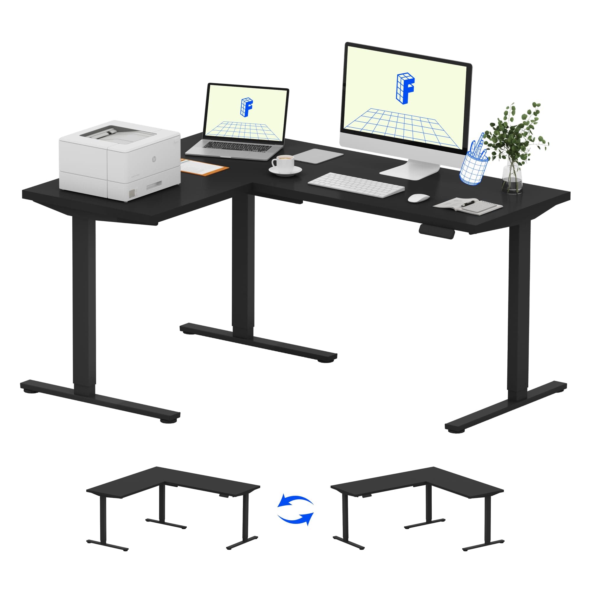 L Shaped Standing Desk, 63 x 47 Inch Electric Height Adjustable Corner Desk, Sit Stand Computer Workstation, Preset Controller, Home Office, Black Frame with Black Top