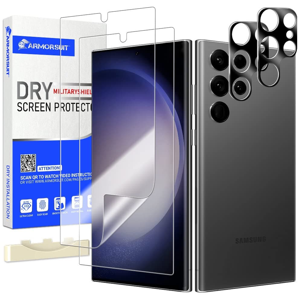 ArmorSuit MilitaryShield Screen Protector 2 Pack + Tempered Glass Camera Lens Protector 2 Pack for Samsung Galaxy S23 Ultra (6.8 inch, 2023) - Dry Installation