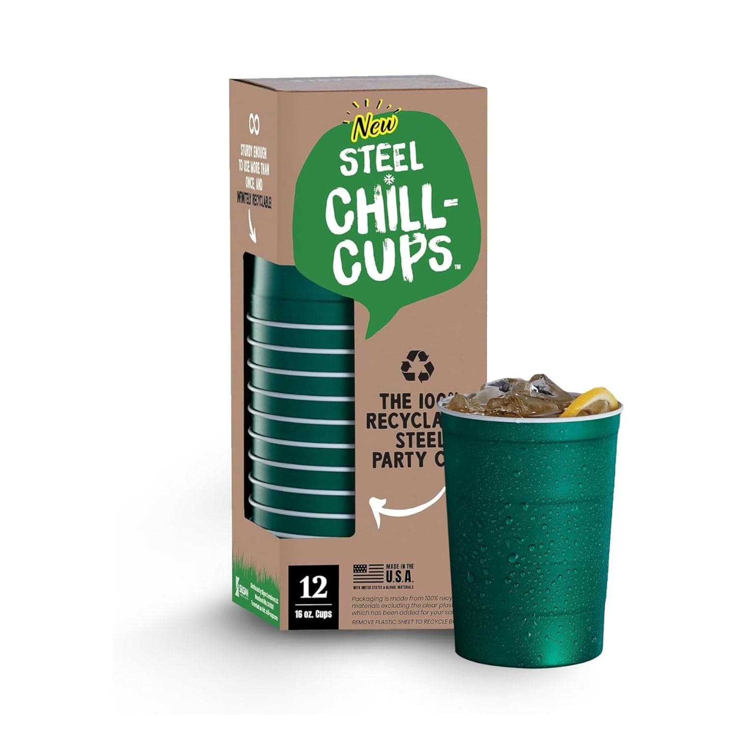 - Steel Chill Cups 16 oz. Party Cups, Perfect for Cold Drinks, Sturdy & Durable, Disposable and 100% Recyclable, Made in USA, Green, 12 Count