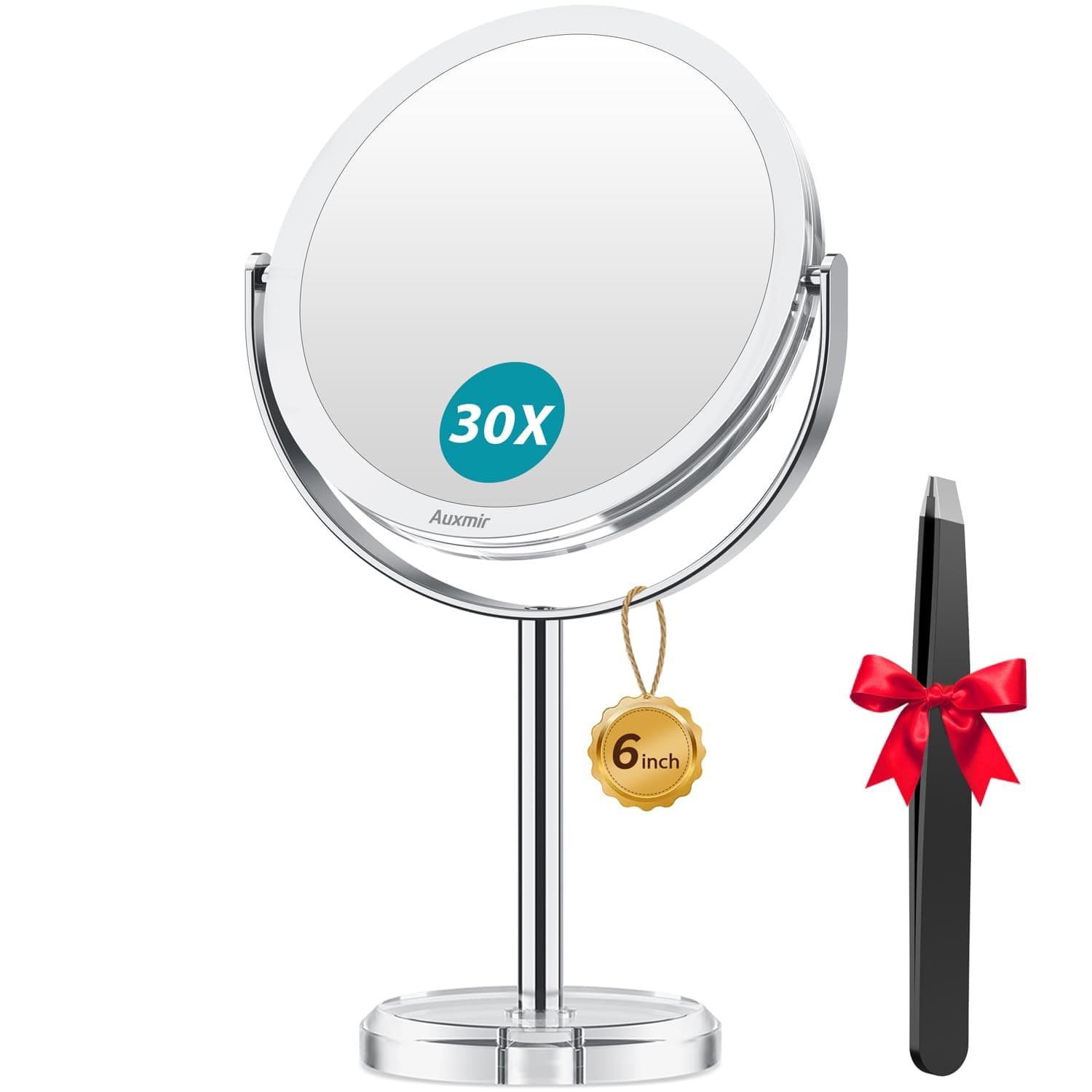 Auxmir Magnifying Mirror Makeup Double Sided 30X / 1X Magnification Round Vanity Tabletop Mirror Crystal-Like Style 360° Rotation Portable for Dressing Table Desk Bathroom Bedroom Travel, Clear
