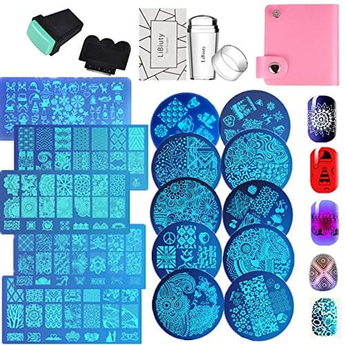 15pcs Nail Stamp Plates set 15 plate 2Stamper 2Scraper 1storage bag Nails Art Stamping Plate Scraper Stamper Set Leaves Flowers Animal Nail plate Template Image Plate