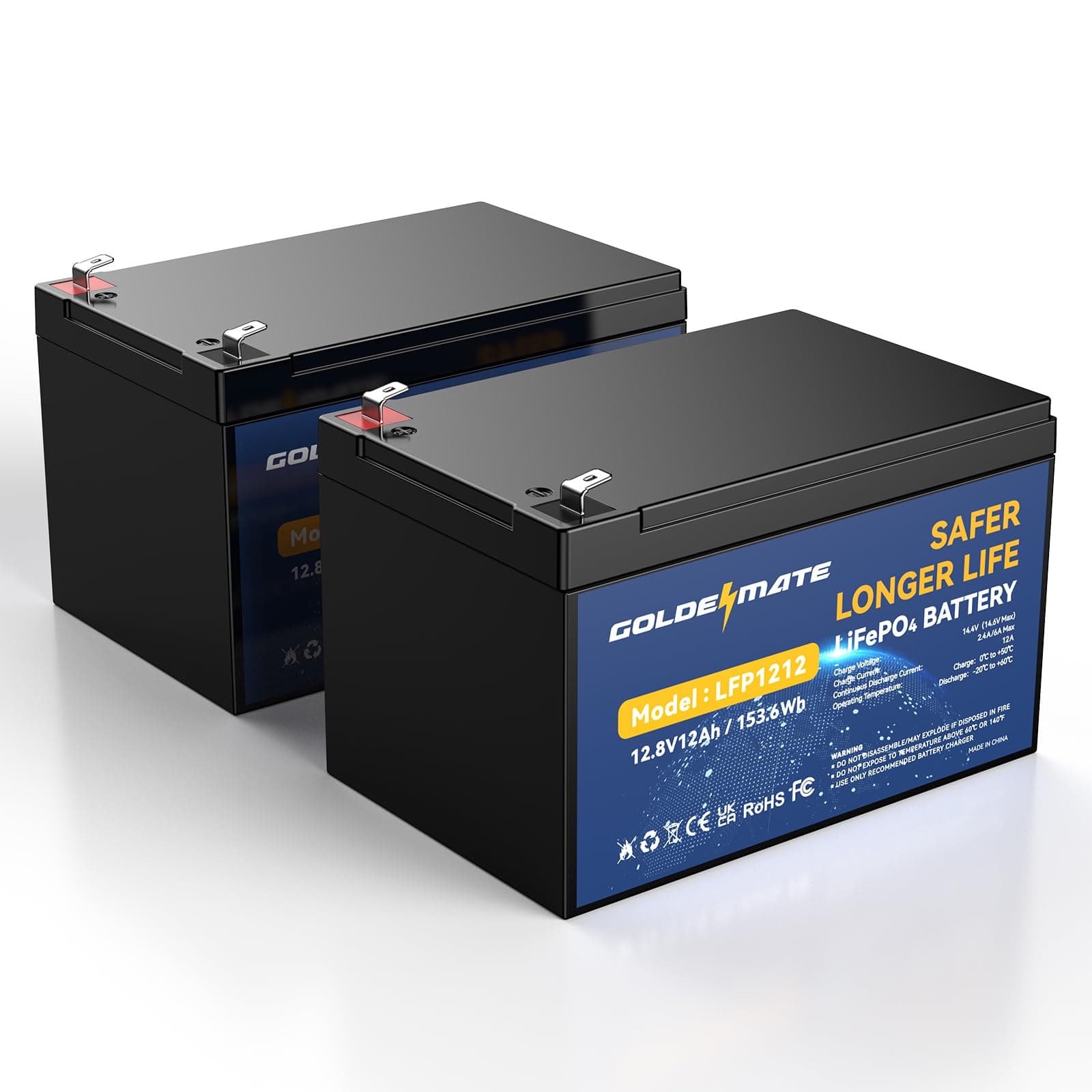 GOLDENMATE 12V 12Ah Lithium LiFePO4 Deep Cycle Battery 2 Pack, 5000+ Cycle Rechargeable Lithium Iron Phosphate Battery for Solar, Fish Finder, Power Wheels, Lighting, with 12A BMS
