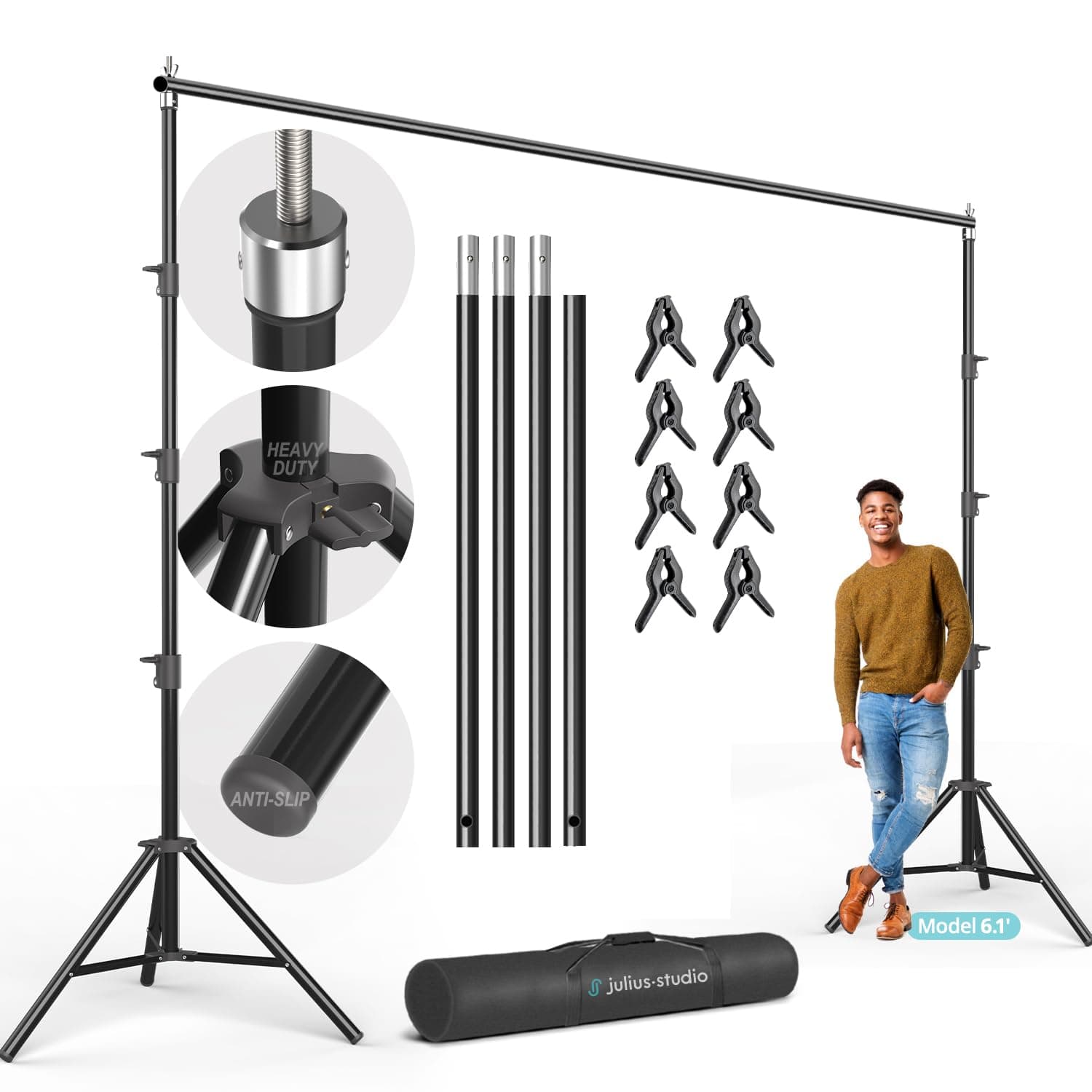 Julius Studio [Heavy Duty] 10 x 10 ft. (W x H) Upgraded Backdrop Stands, Background Support System, Metal Cap Head Thicker Joints for Enhanced Stability, Spring Clamps, Photo Video Studio, JSAG505
