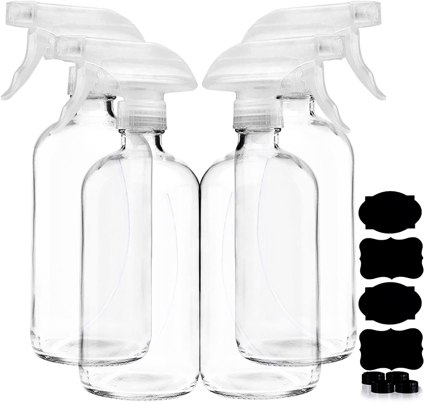 Clear Glass Spray Bottles For Cleaning Solutions (4 Pack) - 16 Ounce, Refillable & Reusable Sprayer for Essential Oil, Water, Kitchen, Hair. Durable Black Trigger Sprayer w/Mist and Stream Settings